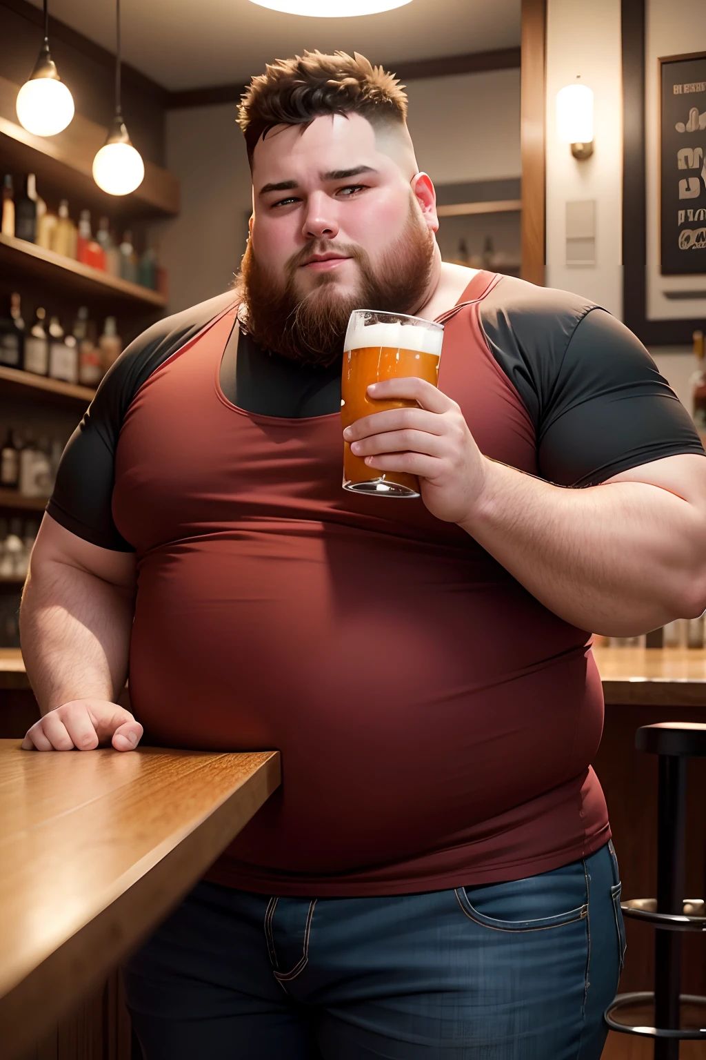 Make a man with obesity
He must be wearing blue clothing
He must be inside a bar
He must be drinking whiskey
Ultra realistic photo, qualidade 8k, fullhd