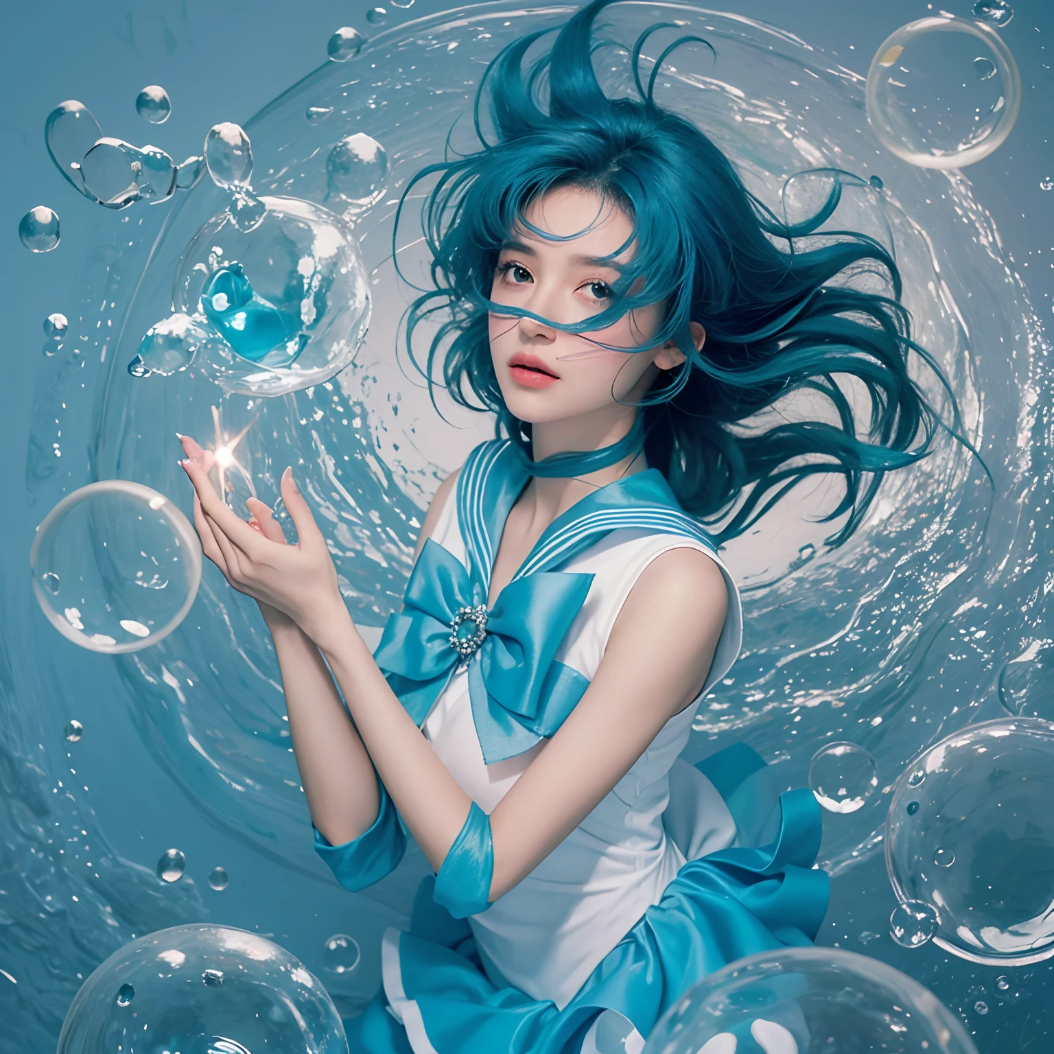 Close-up de uma mulher em um vestido a sailor white and blue dress, Hiperrealista. Realistic art station, cena da garota cercada por bolhas, arte de fantasia detalhada, arte de personagem impressionante, epic exquisite character art, Belo vestido de sailor, extremamente detalhado, , Cocar e Joias, captura de corpo inteiro. Ela tem grandes olhos azul-turquesa, rosto delicado, Cabelos Azuis Claros curtos. messy hair, franjas. She is one of the sailors in the Sailor Moon universe. Linda garota japonesa. Cabelo soprando no ar. Ela tem uma aura brilhante poderosa.