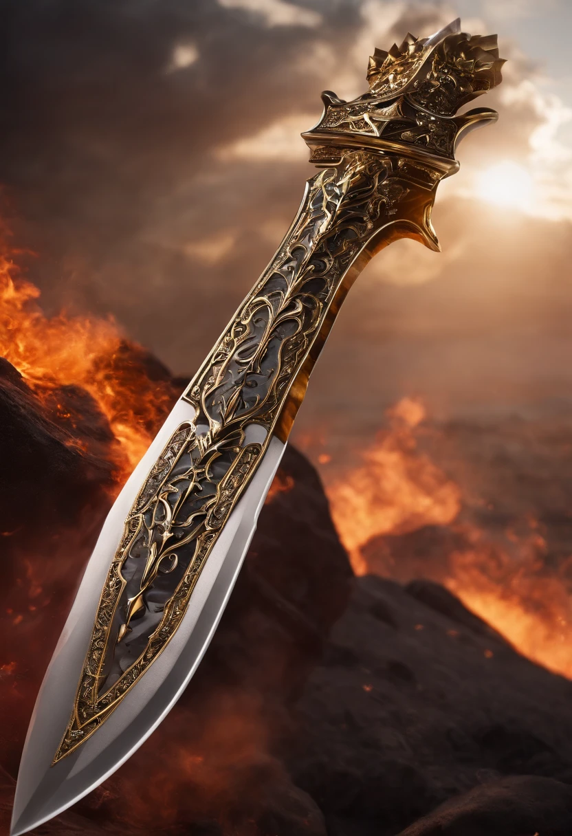 Una gran espada hecha de obsidiana,Esquema de color negro y dorado,El interior de la espada contiene una llama rugiente,Aparecieron grietas en el cuerpo, como para destrozar el cuerpo de la espada,The body of the sword is full of flames,Magma rodando cerca,No hay tipo humano,Solo armas, as well as the environment,Add more fancy colors,More magical,Resalta la llama con magma。