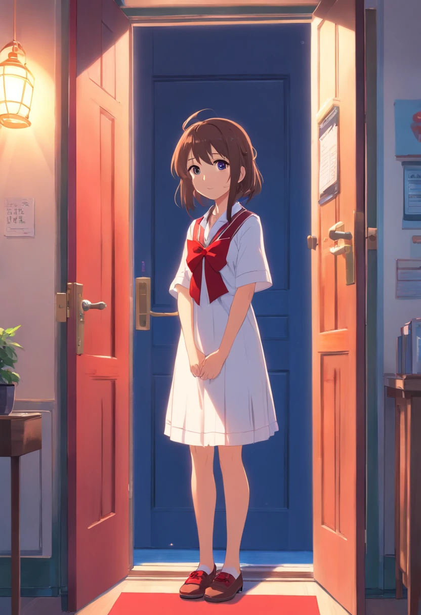 Anime girl standing in front of a door with a red bow tie, Loli no vestido, splash arte anime Loli, small curvy loli, menina pequena Loli, menina anime bonito, anime moe artstyle, visual anime de uma menina bonito, Cute anime waifu in a nice dress, kantai collection style, anime bonito, estilo anime bonito, Loli