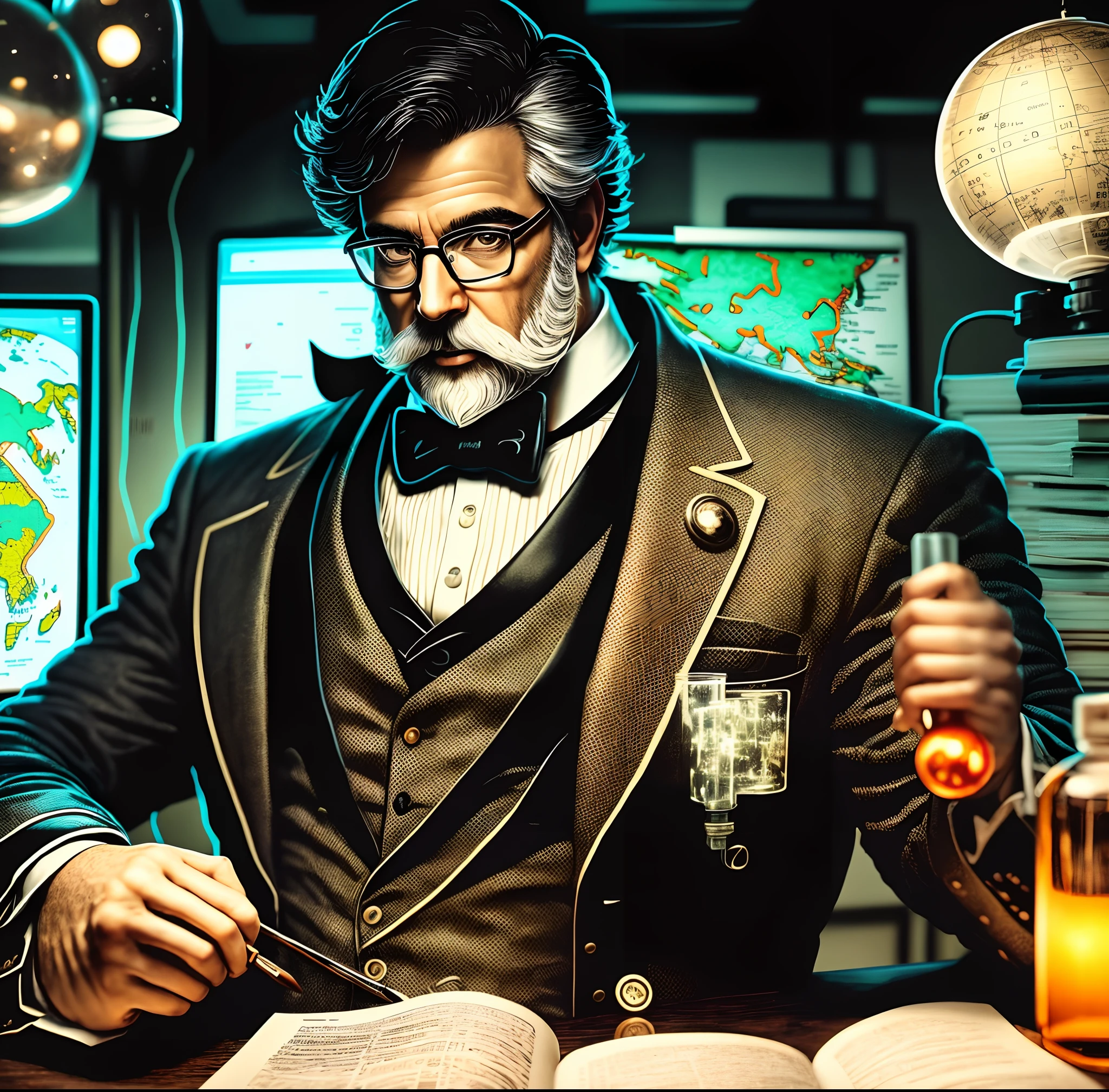 Nome do Personagem: Curious Teacher
Description:
The Curious Professor is a captivating character with a distinctive look. Ele usa roupas vintage, Like a suit with suspenders and a top hat, that give him an air of erudition. He has a long white beard and wears round-rimmed glasses. Seus olhos brilham com entusiasmo sempre que ele descobre algo novo e fascinante.
Personalidade:
The Curious Teacher is extremely passionate about the pursuit of knowledge. He's curious, enthusiastic and is always willing to share interesting facts and trivia with viewers. he's friendly, patient and has a didactic way of explaining things, Making Complex Topics Accessible to Everyone.
Notable features:
A great hardcover book always at hand, onde ele anota todas as suas descobertas e curiosidades.
A case full of scientific tools, as microscopes, lupas e frascos de amostras, that he uses to illustrate his videos.
A map of the world on the wall of your "laboratory" with markers of the most fascinating places he's ever visited