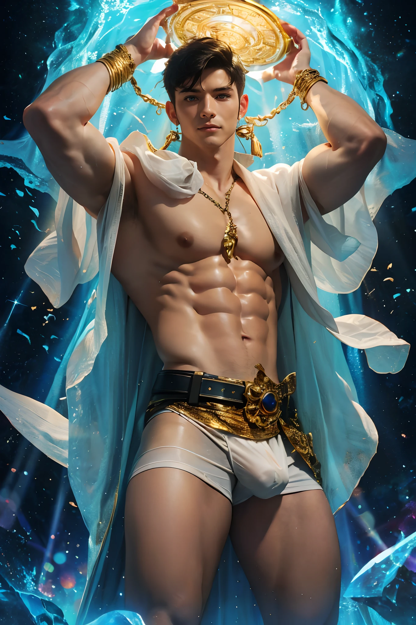 A muscular Korean man is in a wonderland, 20yo, Lleva un rico blanco como la nieve (capa de piel en hombros y espalda) con una pila muy larga, bajo el cual se ve su cuerpo extremadamente musculoso, The emphasis is on the male body. Sobre su cabeza hay un halo rodeado por una nube blanca y una luz sagrada dorada, (Its body is adorned with gold chains with precious stones, Anillos para los dedos), (A heavy belt with a band of gold underwear with sparkling gemstones). entrepierna voluptuosa. Tiene el pelo corto y negro con las sienes afeitadas y grandes ojos verdes expresivos. Un reloj marca a lo lejos. This scene looks like something out of the realm of fantasy or legend seen from above