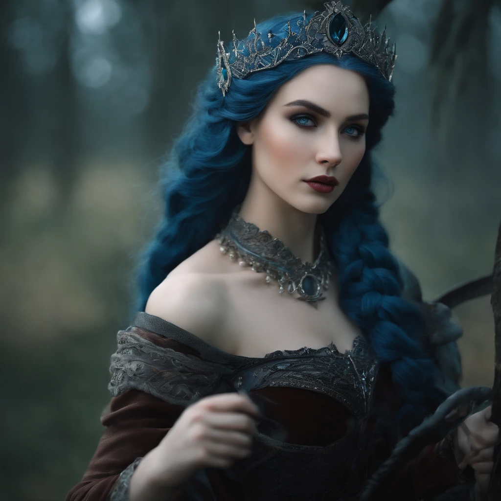 create a woman character, with white skin , blue hair With small braids and gray eyes, the character must have ice magic and an arrogant expression on her face, The image must have dark tones and the character must look like something from a fantasy book, The character reminds Jude of the cruel prince
