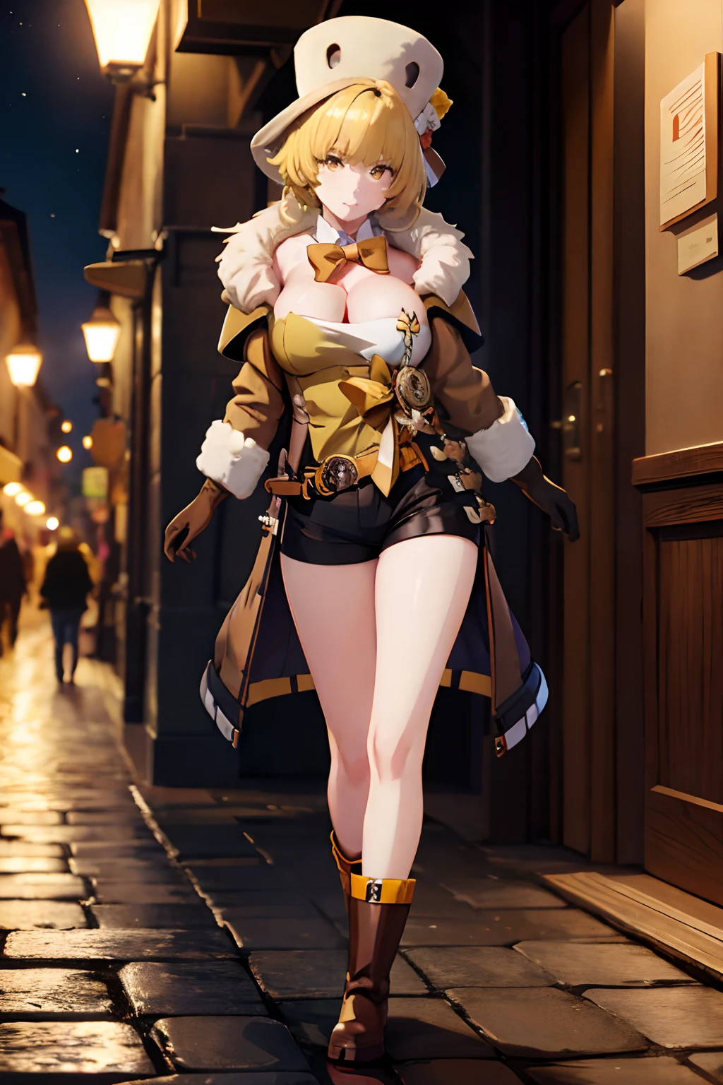 masterpiece, best quality, ((hook)), blonde hair, (yellow hair), gloves, yellow eyes, boots, 1girl, (fur trim), (jacket), bangs, bow, (fur hat), (shorts), looking at viewer, long hair, walking, solo focus, brown gloves, brown footwear, open clothes, long sleeves, full body, bowtie, tight shirt, (open jacket), (brown shorts), (brown jacket), (adult body), divine proportions, accurate proportions, large breasts, (sexy), (long sexy legs), slim build, tall, arched back, leg strap, angry, tsundere, dark alley, night, (cobblestone streets), soft orange lighting, dynamic perspective, night life, (8k), (best quality), (masterpiece: 1.2), (realistic), (photorealistic: 1.37), ultra detailed, one girl, viewer watching, full body, 28 years old, high quality anime face, pretty face, attractive face, hime pose.