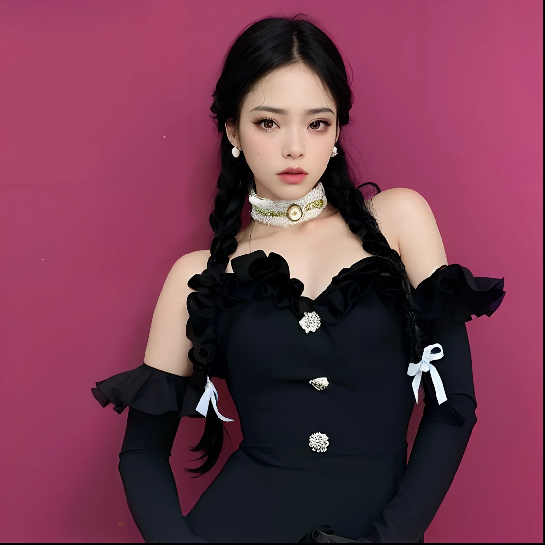 Araffe con un vestido negro y guantes con un collar y un estrangulador, Blackpink Jennie, Jossi de Blackpink, Jisoo de Blackpink, Jisoo de Blackpink, con coletas negras, Retrato de Jossi de Blackpink, JIA, Gongbi, Sha Xi, Retrato Jisoo Blackpink, Parque Roseanne de Blackpink, Ella lleva un vestido negro, Sun Yunjoo
