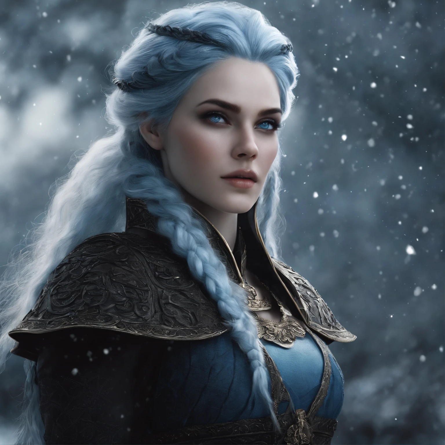 create a woman character, with white skin , blue hair With small braids and gray eyes, the character must have ice magic and an arrogant expression on her face, The image must have dark tones and the character must look like something from a fantasy book, The character reminds Jude of the cruel prince