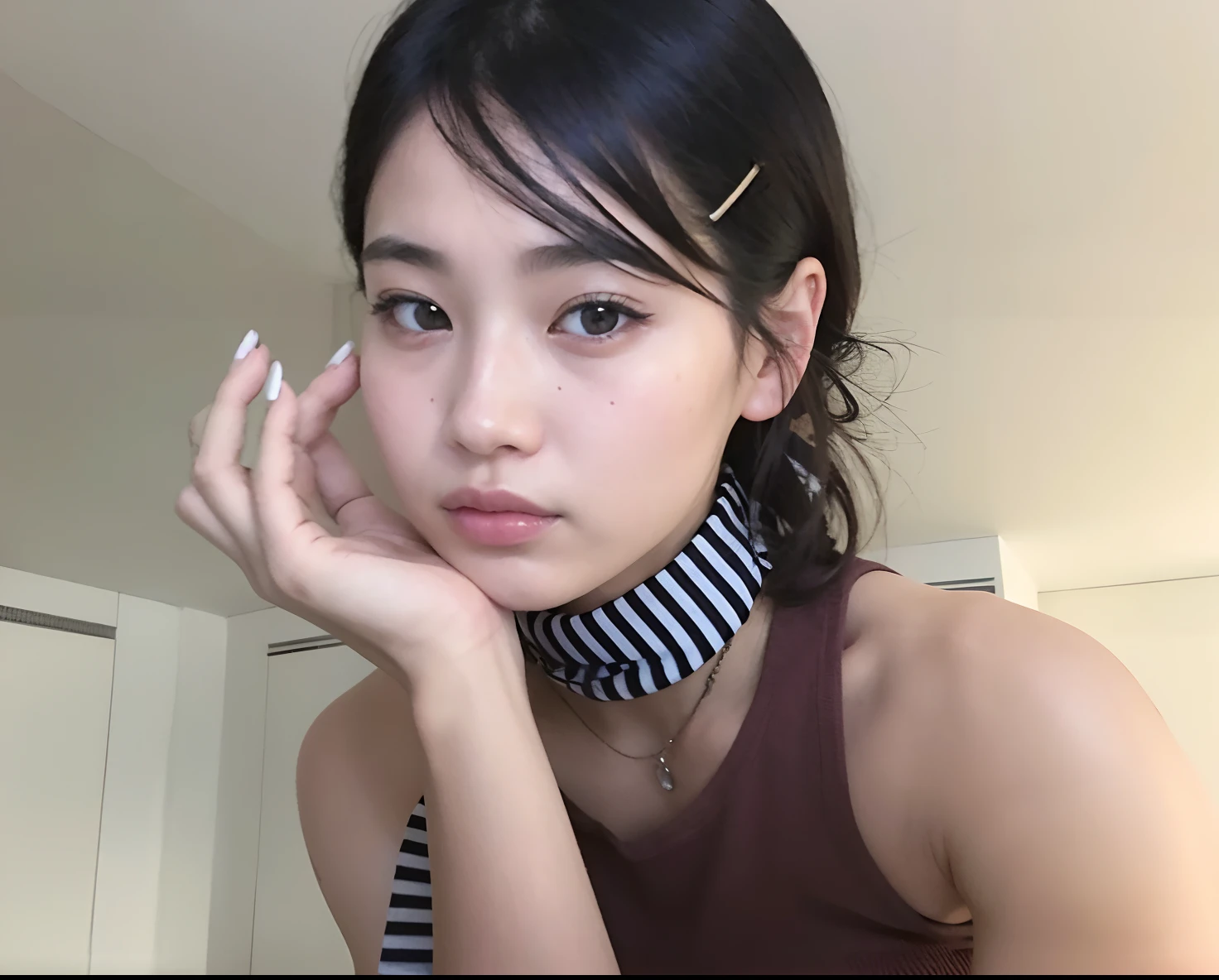 There's a woman looking at the camera with a tie around her neck, Shikamimi, chica linda-fina-cara, Chiho, Shiori Teshirogi, beautiful asian girl, Jinyoung Shin, Chica coreana, young cute wan asian face, ulzzang, japanese model, Asian face, Asian girl, Kotegawa Yui