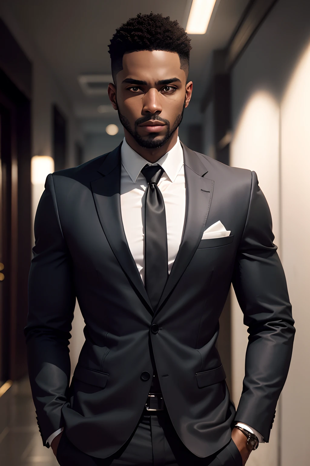 A 30-year-old black man standing in a suit and tie, Body and straight head in the photo, DSRL, de frente para o espectador da foto, olhos fitos para a lente, Appears shoulders and head in the photo, homem centralizado na foto, 8k, melhor qualidade, obra prima, realista, foto realista, foto de cinema, ultra realista, 1 pessoa, detalhado, Dark Dark Lighting