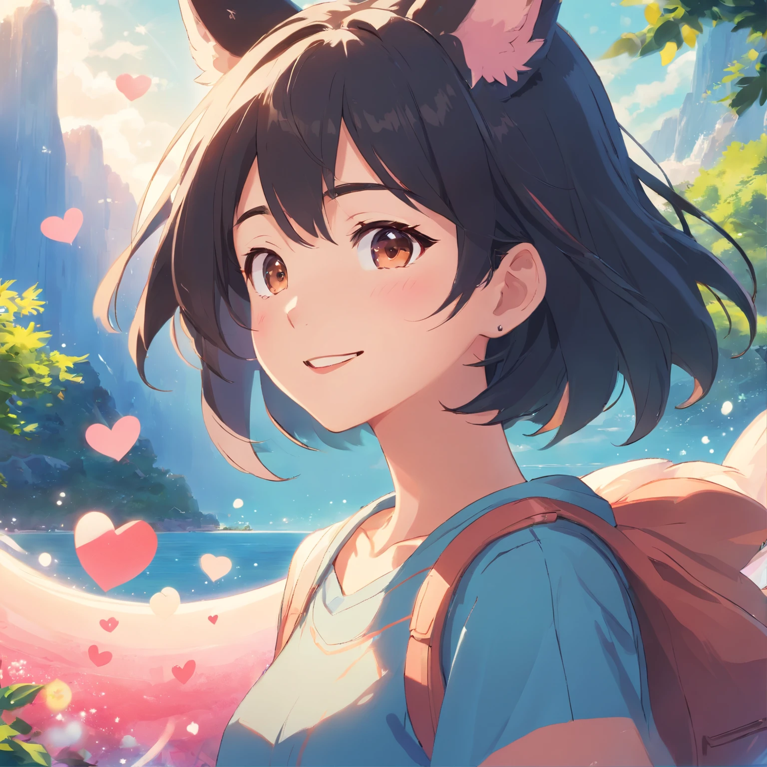 black hair, long eyelashes, solid circle eyes, fake animal ears, light smile, ear blush, fang, halo, colored inner hair, heart-shaped pupils, heart earrings, saliva, Surrealism, drop shadow, anaglyph, stereogram, tachi-e, pov, atmospheric perspective, 8k, super detail, ccurate, best quality