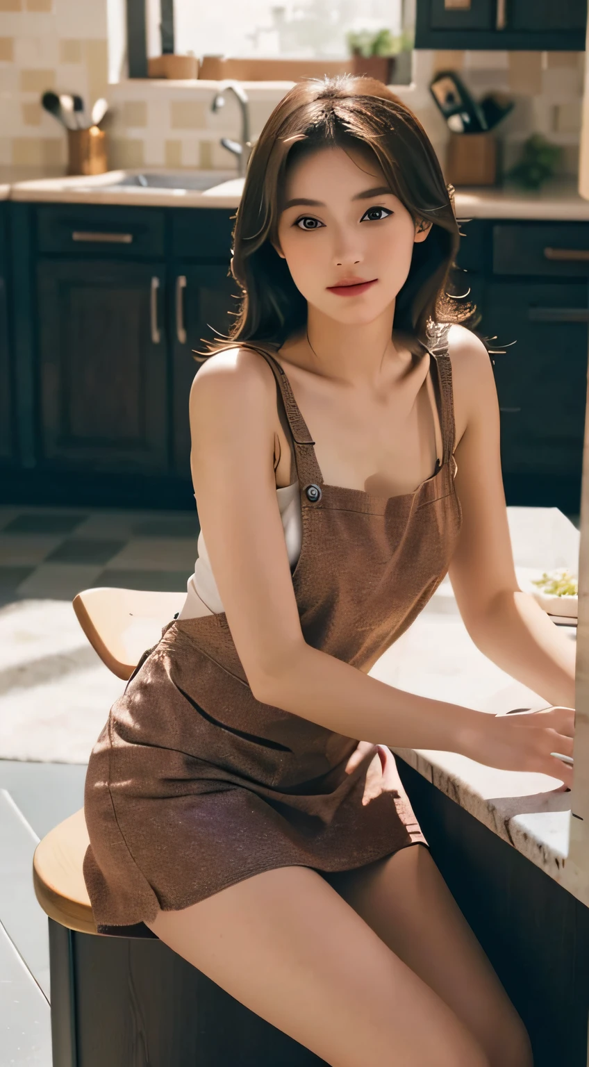A young girl wearing a realistic, sexy apron is in the kitchen, sitting in a seductive position. The girl has beautiful detailed eyes, lips, and face. Her eyes are mesmerizing, with long eyelashes. The kitchen is bathed in studio lighting, creating vivid colors. The overall image quality is of the highest standard, with ultra-detailed elements and sharp focus. The artist has used a photorealistic style to depict the girl and the kitchen surroundings. The color palette of the image is rich and vibrant, contributing to the overall realism. The lighting in the kitchen accentuates the girl's features, casting shadows and highlights in just the right places.mix4