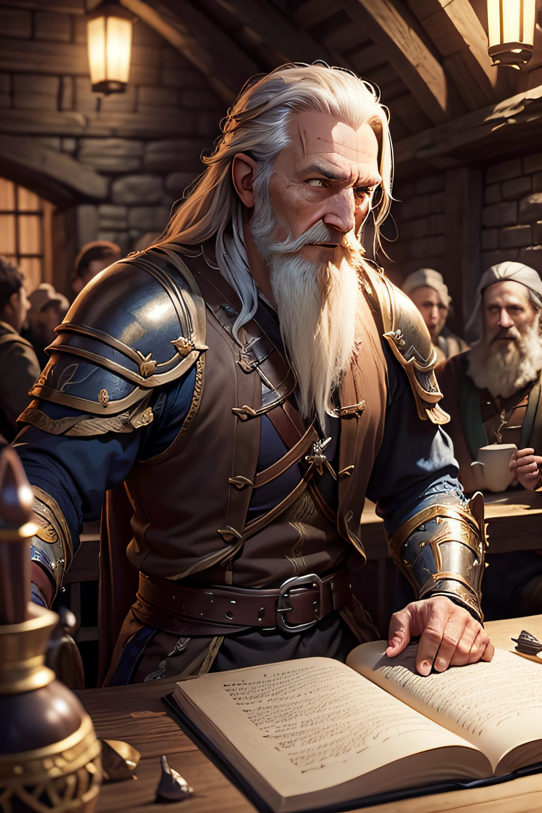 Bard, old, tavern, telling stories, books, luth, a crowd, subjugated, passionate, man, light armor, serious, charismatic, eloquent, nice