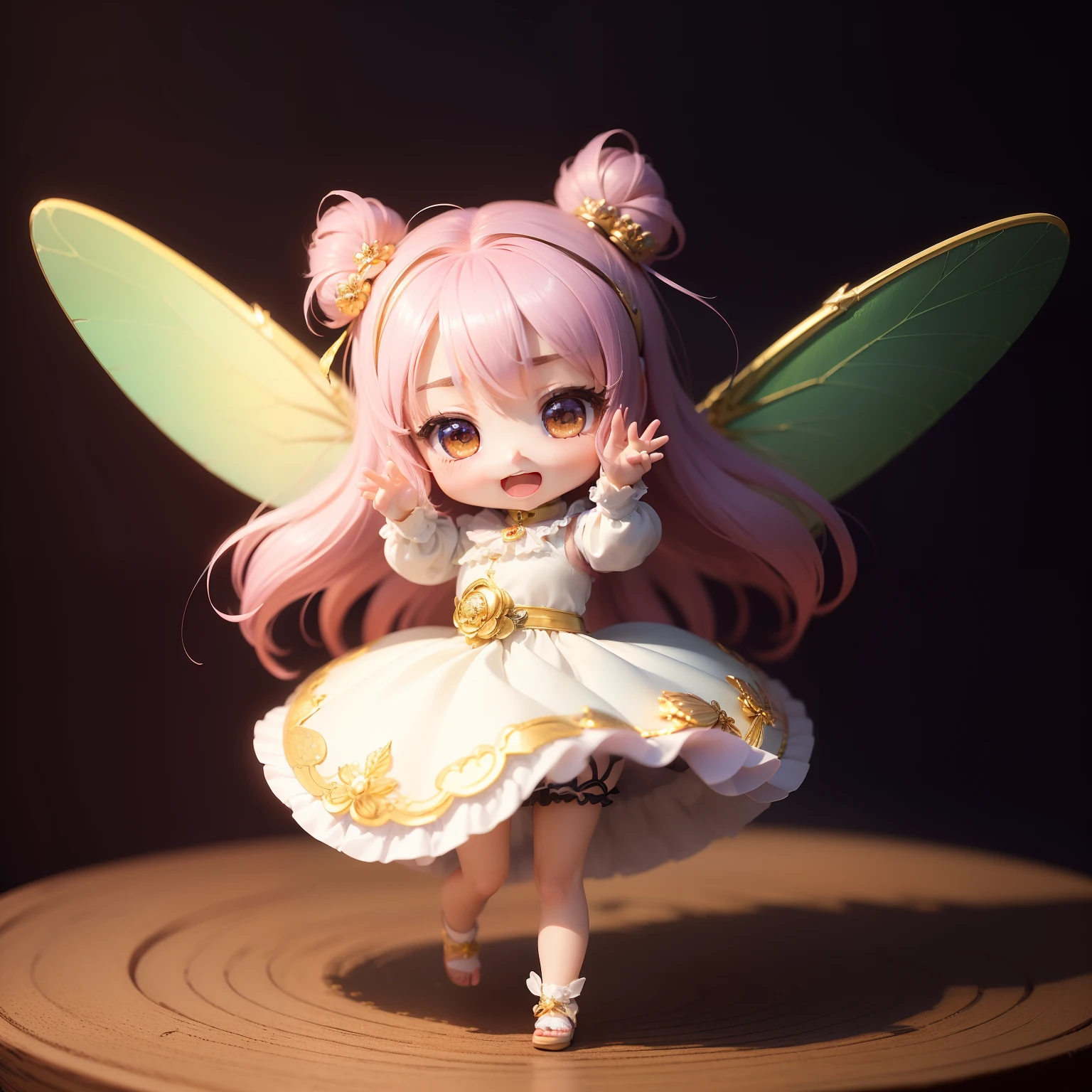 (((Super masterpiece、top-quality、ultra-detailliert、1人、Chibi:1.5)))、Dragonfly wings grow on the back、nighttime scene、Open your mouth and smile、Jumping