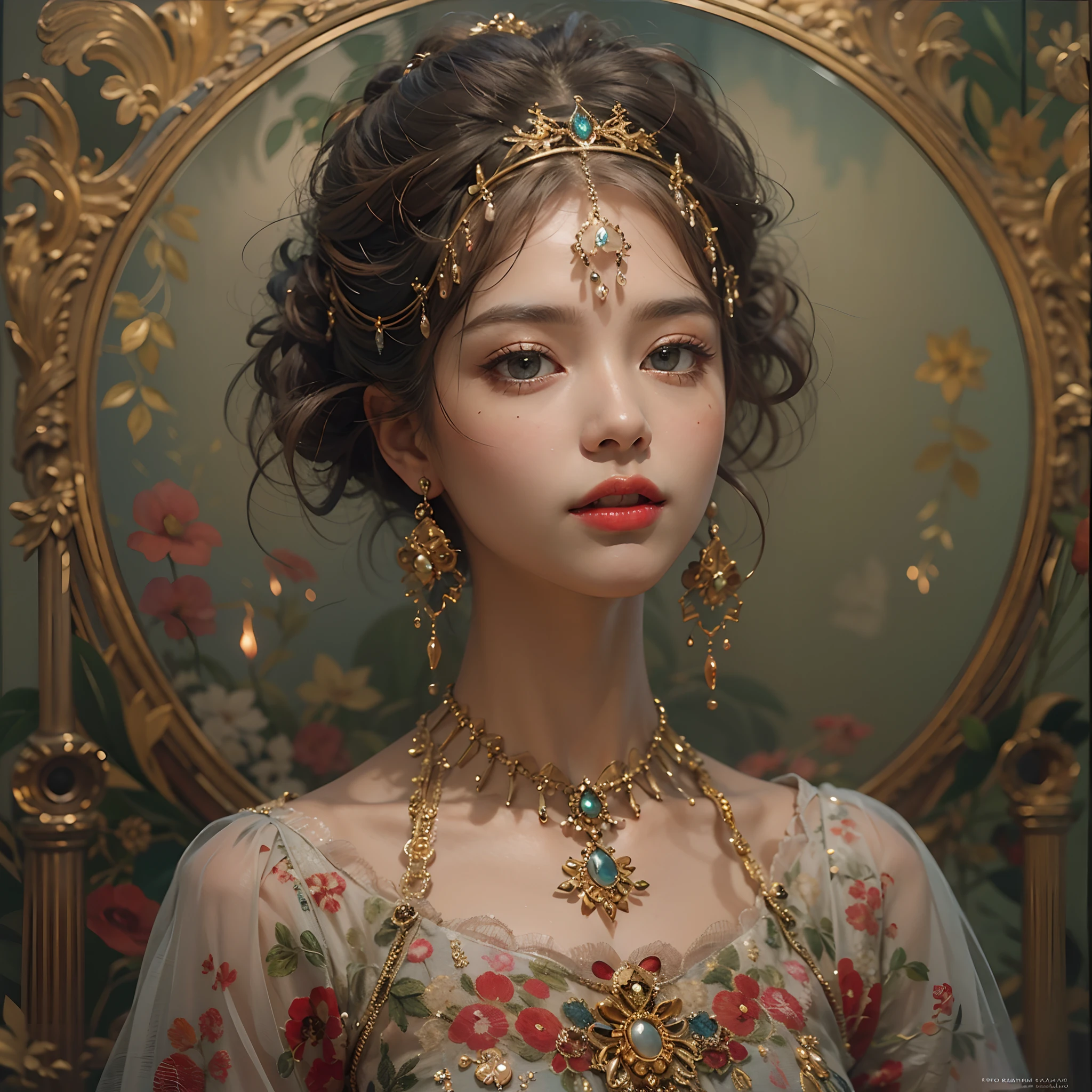 It appears to be a portrait of a beautiful female character. Woman standing in moonlight in room with gorgeous golden interior. On her head she wears a silver crown,, Around her neck, she wears a red lace collar and a necklace adorned with jewels. Her outfit is made of translucent materials and lace details., The sleeves and chest of the costume are delicately embroidered. Her face has a light skin tone and red lipstick, And it is represented by shining eyes. In addition, small spots are painted around her face. Behind her is a great moon,, Below it is a large candlestick with flickering candles.Overall,, The painting creates a serene yet fantastic atmosphere. The delicate and colorful expression of the female character and the golden environment surrounding her add to the luxury and beauty of the entire painting.