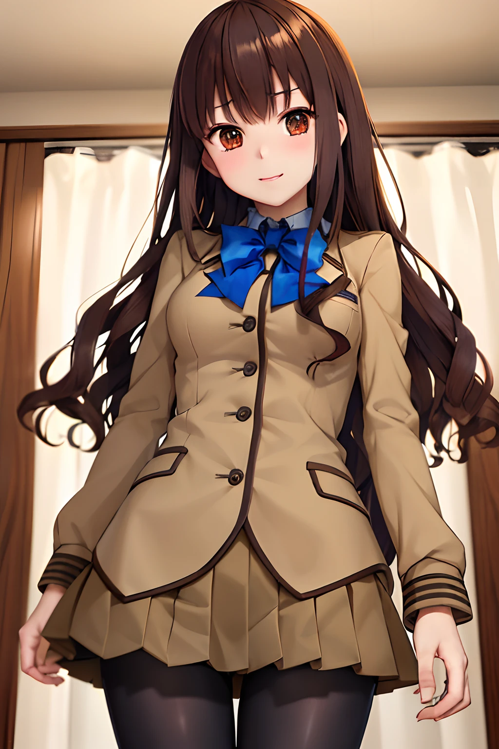 masutepiece, Best Quality, hight resolution, HMKH1, blue bowtie, blue bow, Brown skirt, Brown jacket, Black pantyhose, School uniform, Cowboy Shot,  1girl in,、(Skirt lift:1.3), (white  panties:1.3)、(Skirt that rolls up:1.3)、(Fully exposed panties:1.5)、