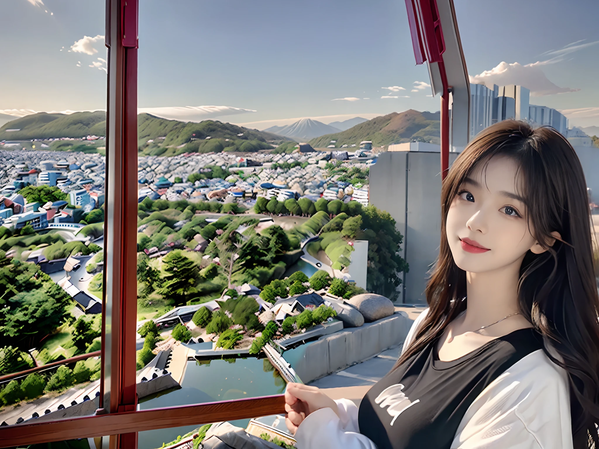 ((top-quality、8K、masterpiece:1.3))、foco nítido:1.2、(realisitic、Photorealsitic:1.37)、a smile、Beautiful Face Woman、32years old、long eyeslashes、Colorcon、Very detailed eyes、Highly detailed eyebrows、(Sharp Eyebrows)、(Thin eyebrows)、very vey very detailed face、Rib knit coat、a black T-shirt、Brunette disheveled hair