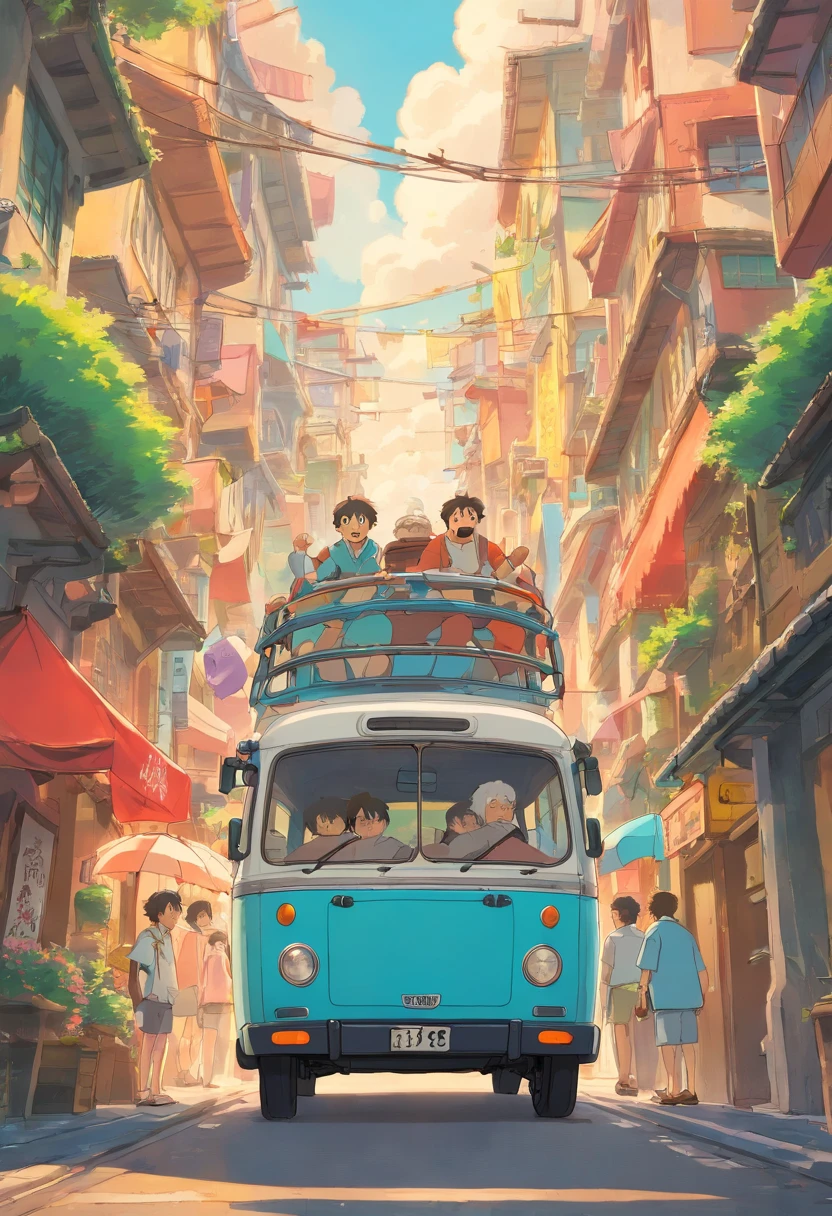 Anime-style minibus being pushed by a man on one side and another man on the other side