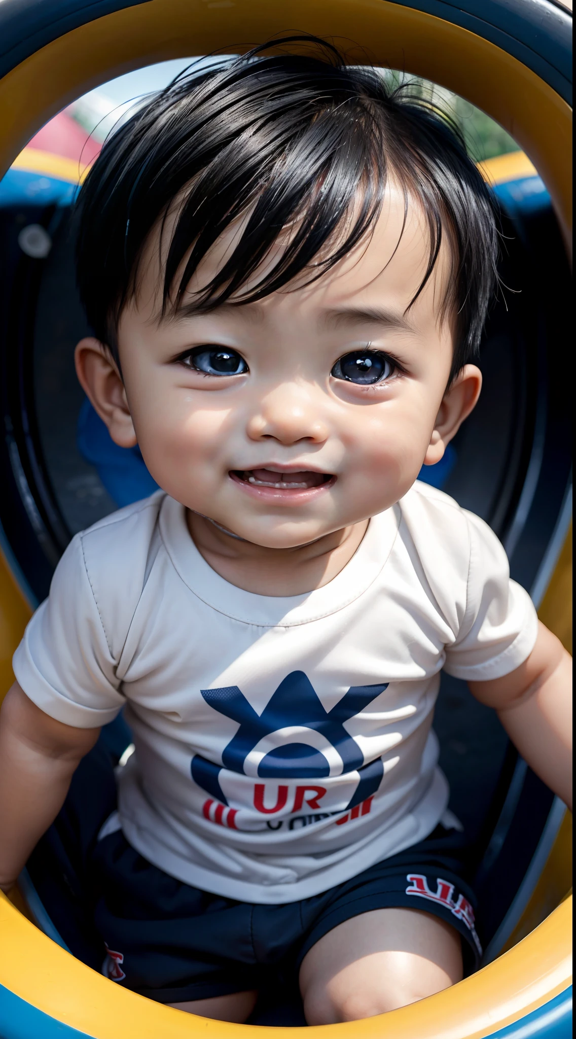 Ultra high quality, ultra high definition, ultra sharpness, 8K, a very cute asian baby boy, 1 year old, alone, wearing a children's clothes, portrait, ultra detailed eyes, ((black eyes)), ultra detailed irises, completely identical irises, cheerful smile, in a playground