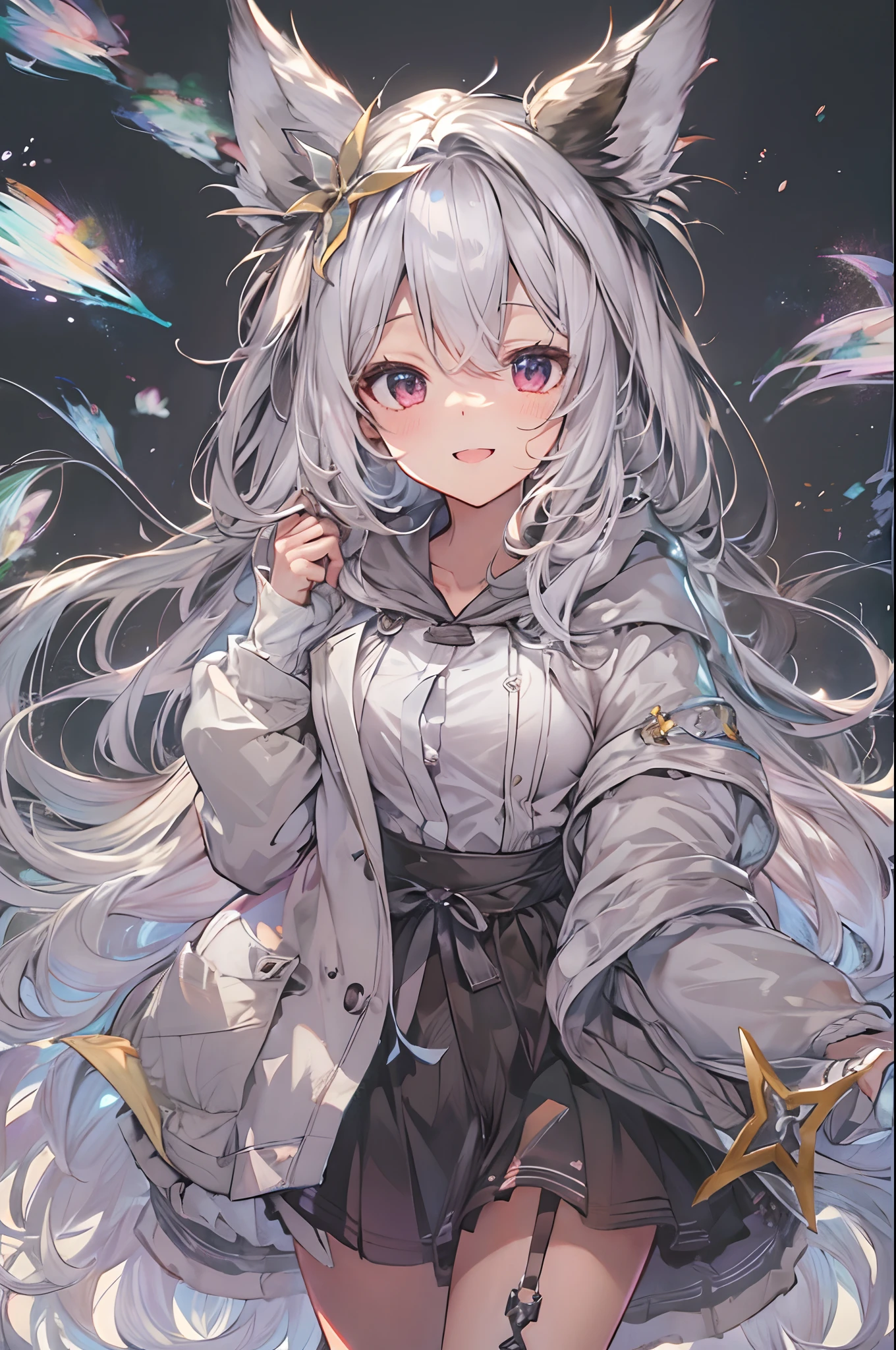 top-quality、8K))One Woman　long hair anime girl、extremely cute anime girl face、nightcore、From the front line of girls、Portrait of a cute anime girl、granblue fantasy style, granblue fantasy style, granblue fantasy style, Whole body, from bellow,ceiling,Looking at Viewer, Head_tilt, Petite, girl,Woman,Female, Mature,30 years old, Very long hair, flipped hair, White and silver hair, Flowing hair, Ahoge, lightsmile,Closed_Eyes , Medium_breasts, thighs thighs thighs thighs, White skin, coat, Hoodie, Black_Skirt, knee_long boots, hoods_Down, Thigh_the gap, Black clothes, Transparent_Background, Transparent_Background, Transparent_Background, absurderes, hight resolution, very precise details,fullllbody　Night mood