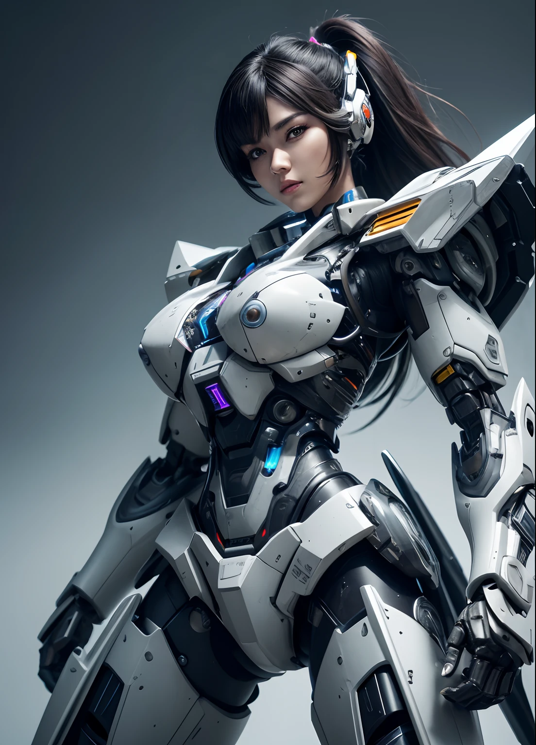 Textured skin, Super Detail, high details, High quality, Best Quality, hight resolution, 1080p, hard disk, Beautiful,(cyborgs),beautiful cyborg woman,Mecha Cyborg Girl,Battle Mode,Girl with a Mecha Body,She wears a battle cyborg mech with a weapon,Fulll body Shot