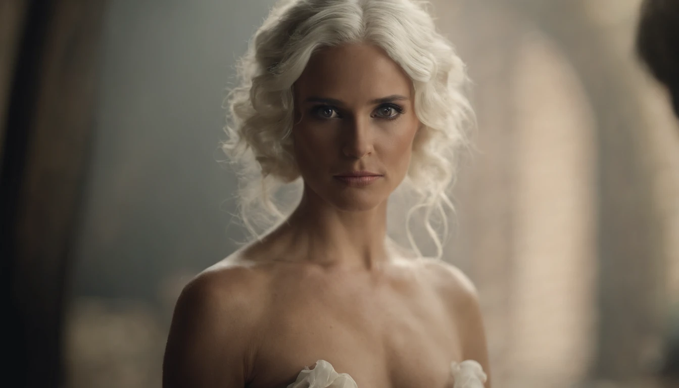 Nude, NSFW, elfish, pixie, small breast, small butt, white hair, innocent, full body, seductive, fantasy garment