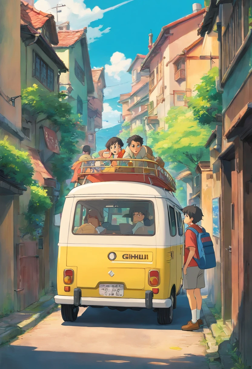 minibus, Side view, em uma rua com poucas casas, estilo anime, Being pushed by a man in the back