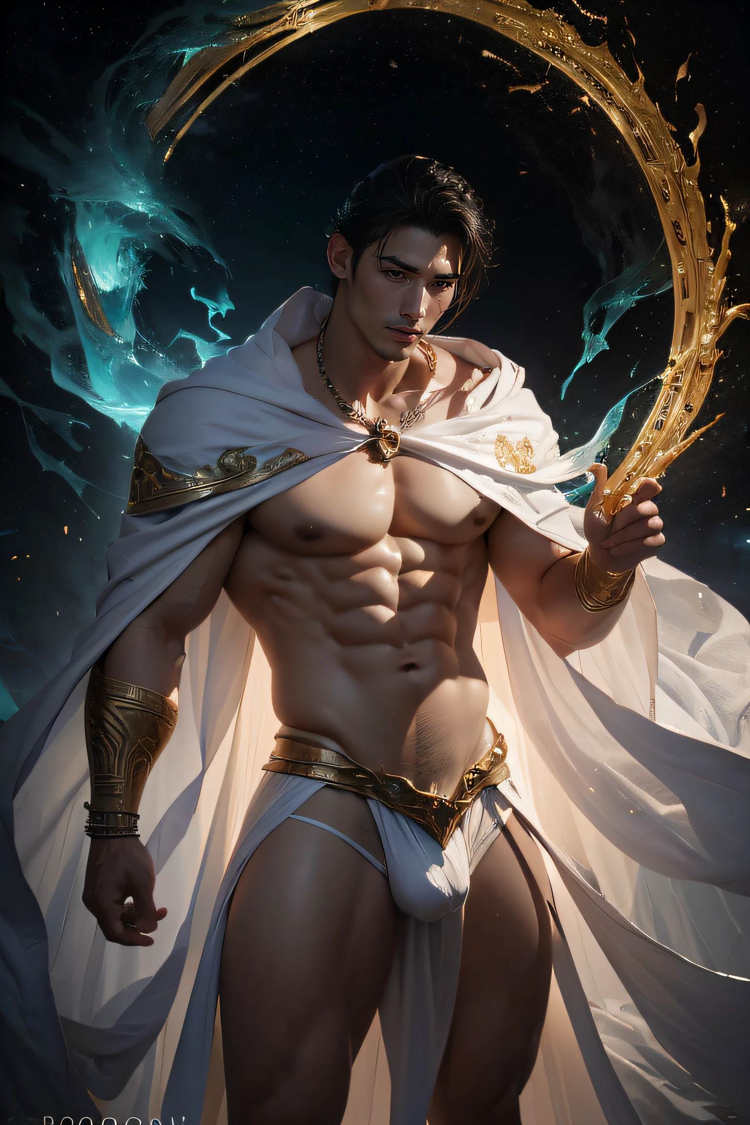 A muscular Korean man is in a wonderland, 20yo, Lleva un rico blanco como la nieve (capa de piel en hombros y espalda) con una pila muy larga, bajo el cual se ve su cuerpo extremadamente musculoso, The emphasis is on the male body. Sobre su cabeza hay un halo rodeado por una nube blanca y una luz sagrada dorada, (Its body is adorned with gold chains with precious stones, Anillos para los dedos), (A heavy belt with a band of gold underwear with sparkling gemstones). entrepierna voluptuosa. Tiene el pelo corto y negro con las sienes afeitadas y grandes ojos verdes expresivos. Un reloj marca a lo lejos. This scene looks like something out of the realm of fantasy or legend seen from above