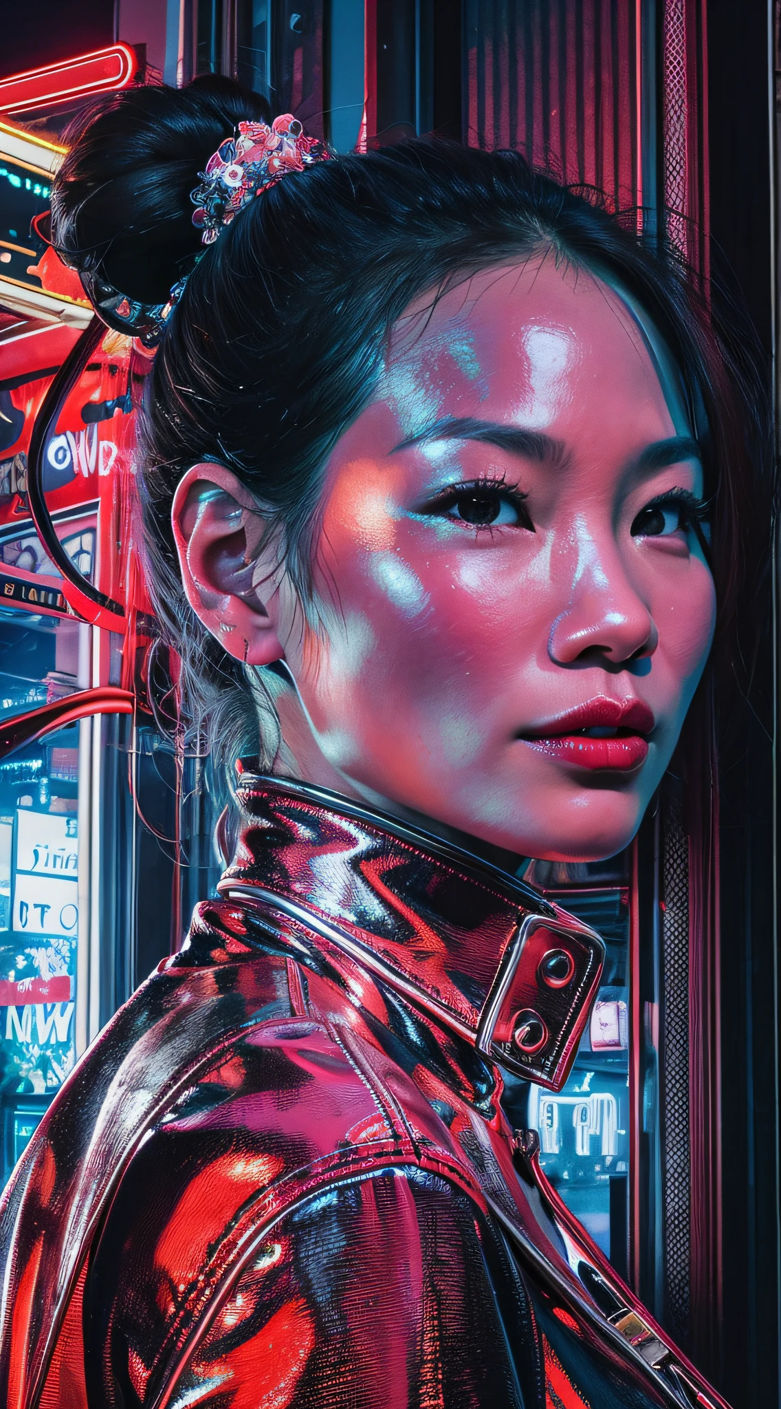 Lucy Liu's Girlfriend, patent leather and buckles, Masterpiece, In the neon light of the night metropolis, hyper realisitc, real-photo, portraite of a