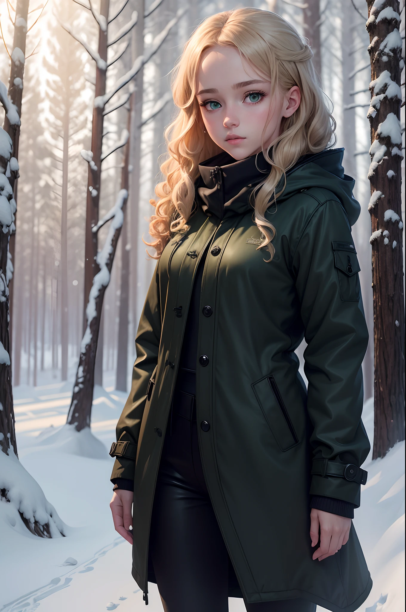 realistic, 8k image of a 15 year old girl, curly blonde hair, beautiful, extremely detailed green eyes, dressed in a black coat and black pants, looking to the side in a clearing in a snow-covered forest, Morning, anime style art