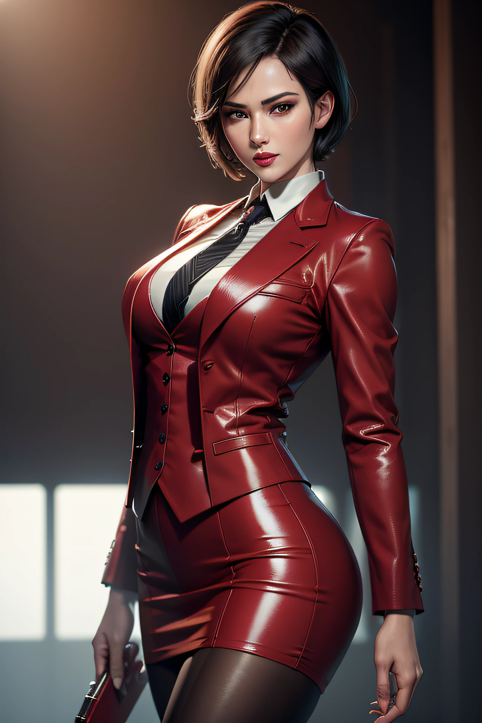 (absurdres, highres, ultra detailed), masterpiece, ada wong (resident evil), ((solo)), short hair, 1girl, skirt suit, business suit, ((three-piece suit)), black pinstripe suit, ((waistcoat)), red shirt, red necktie, bodycon skirt, miniskirt, closed mouth, standing, (((detailed lips))), ((realistic skin)), glowing skin, ((glossy red lips)), portrait, beautiful, smile, normal skin