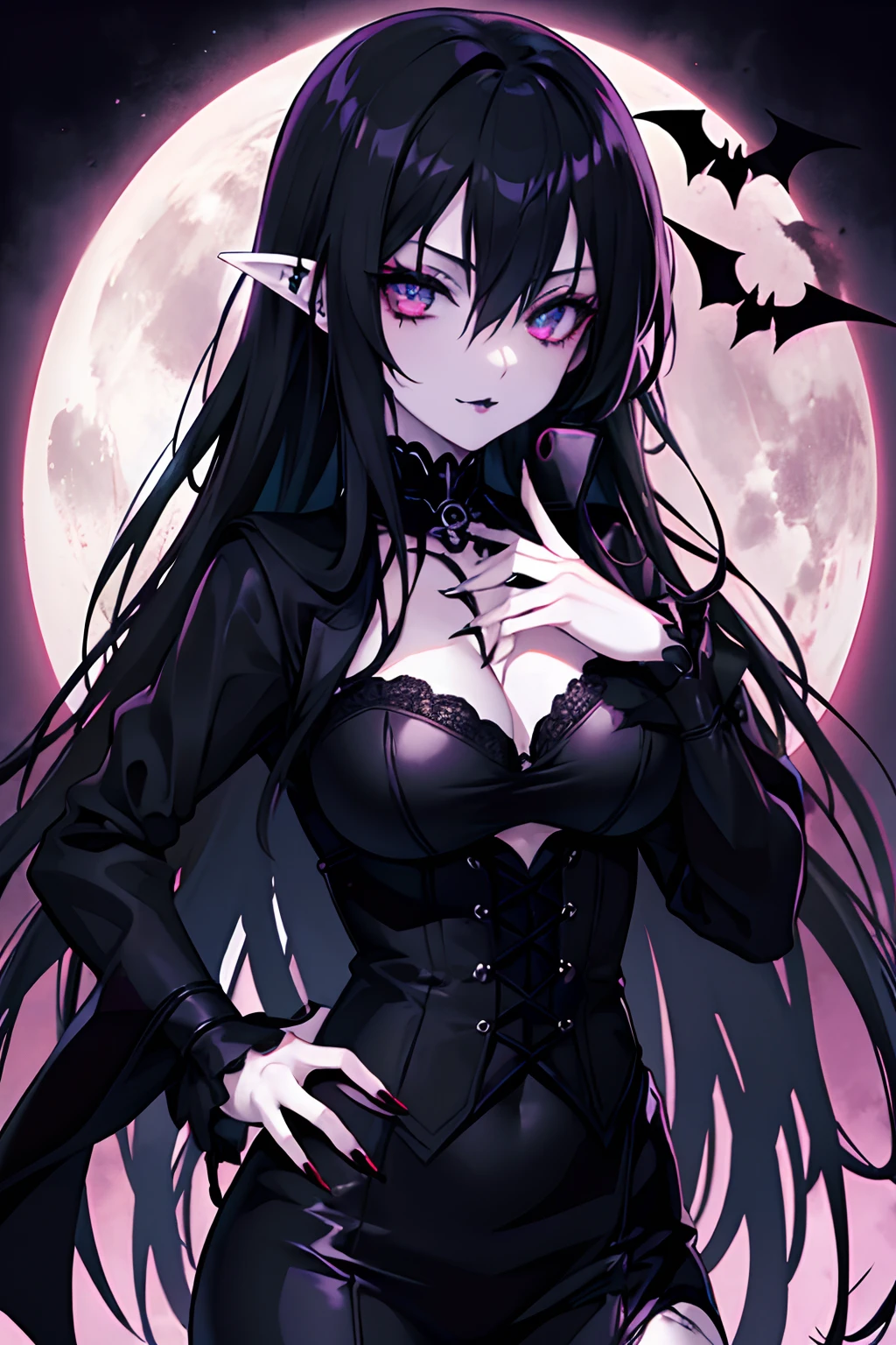 gothic anime woman, vampiric, romantic, black lipstick, y2k