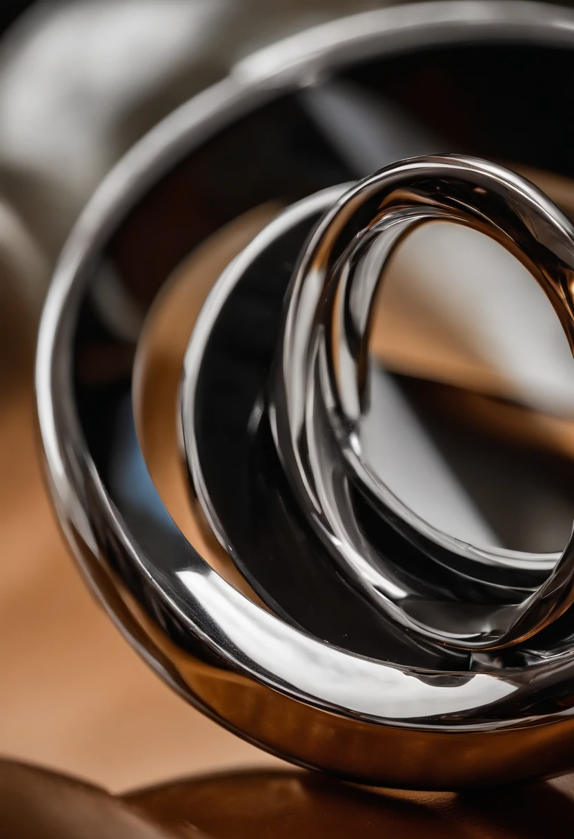 ((Metal rings)),hyper photorealism,Alexander Calder,largeaperture,Ultra-macro shooting,reflective lens,spotlight,Reflection,Luxury photography,Local close-up,((Simple)),
