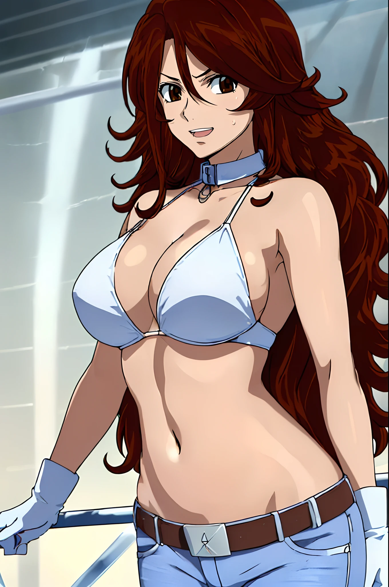 curvy midsection, solo, 1 girl, ultra toned arms, sweating very nuch, tired, smile, breathing heavily), (detailed titration screen, upper body only, anime style: 1.8, anime drawing, ultra detailed face, ultra detailed body, 4k, Sumergai Lee Noriega, (standing), best quality, anime style, hires, highest definition, digital blending, bold drawing lines, ((wwe diva), (location: wrestling arena, crowds watching), ( slim body, (little biceps), , off-shoulders, closed fists, (very curvy: 2.8)), ((white bikini only, jeans, white gloves, collar, hand protector, (champion belt on bare belly))), (pale skin, big breasts, widely open mouth, teeth), (big eyes, brown eyes), (leaning forward), (brown hair, loose hair, curly hair, wavy hair, long hair, missy hair), 27 years old,