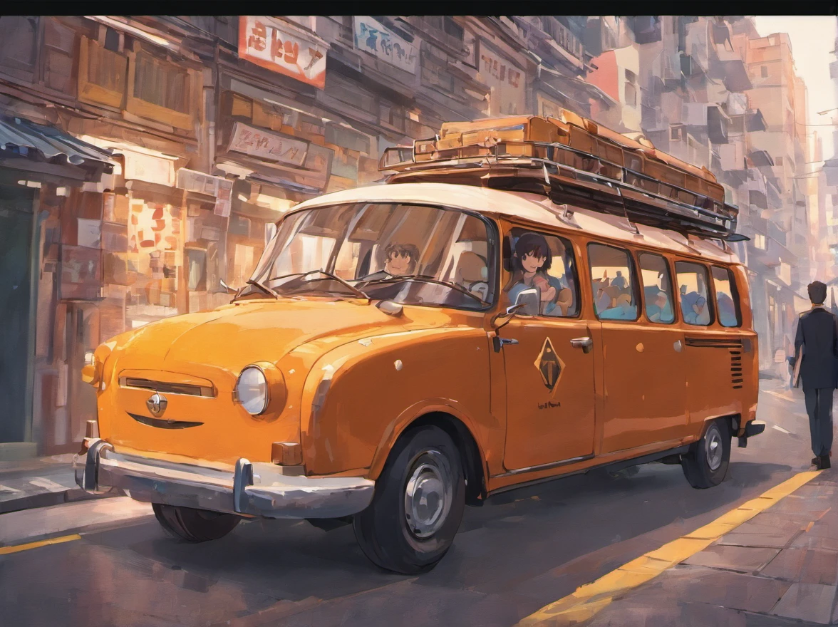 minibus, Side view, em uma rua com poucas casas