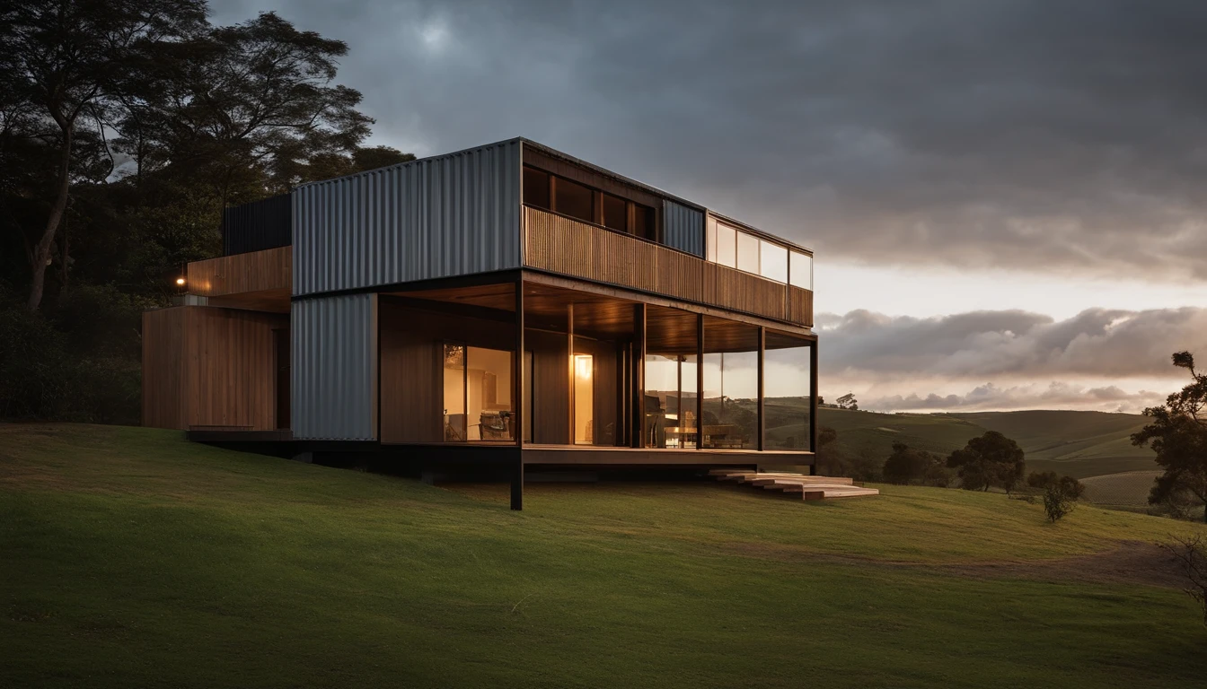 Conjunto de quatro pequenas casas inseridas numa propriedade privada denominado Tokinha Village. Constructed of shipping containers, One floor and 5 rooms, The frame is made of black metal, paredes de madeira, com janelas e portas grandes em vidro. The door to the living room is the largest centered in the house and gives access to the exterior porch built in wood. The house exudes a deep connection to the surrounding nature, well framed in a farm where the land is square. The setting is a vineyard slope, typical of the Douro region, in the northern region of Portugal. Fotografia real, captando a harmonia entre a casa e seu entorno, usando uma lente grande angular para abranger toda a cena.