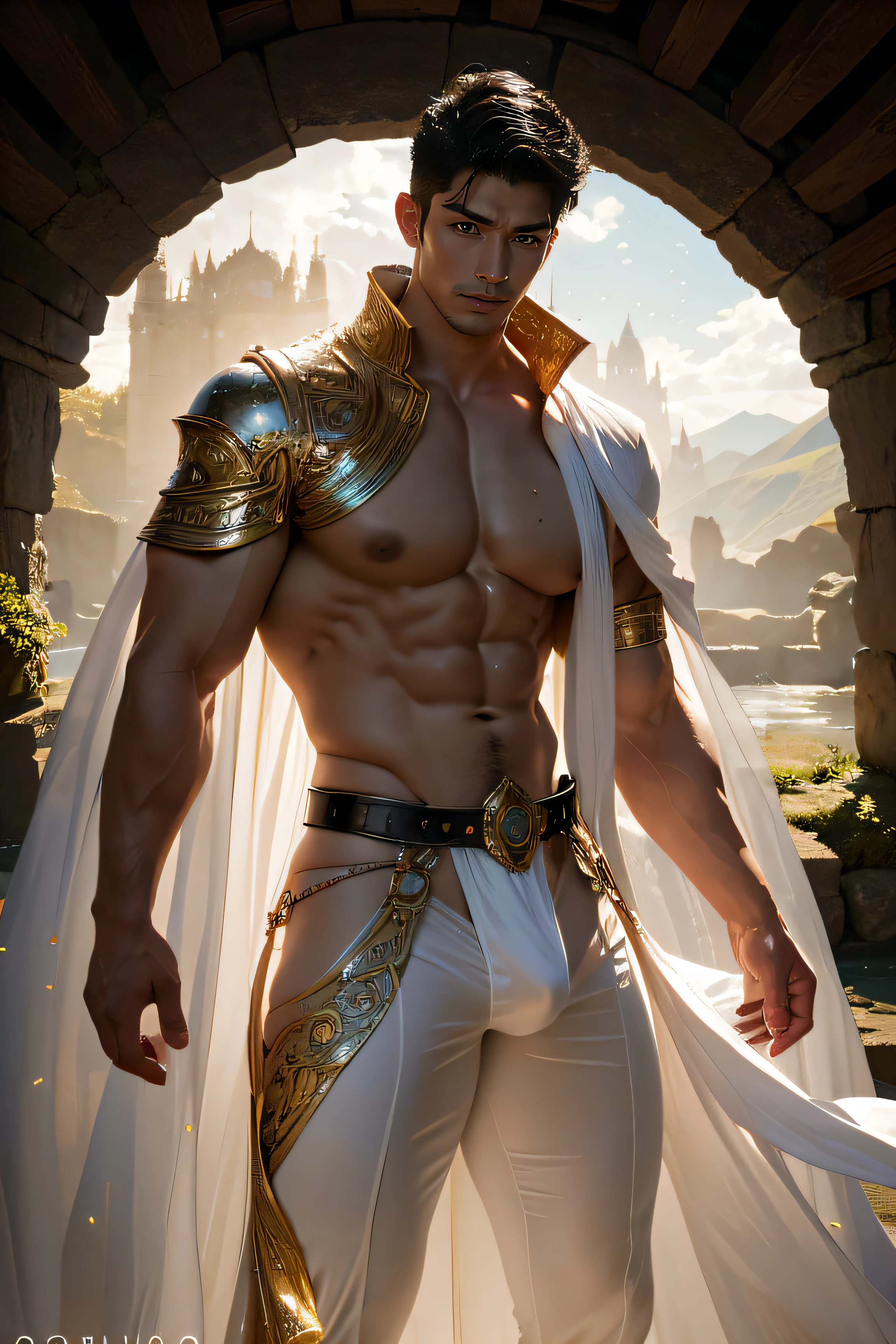 A muscular Korean man is in a wonderland, 20yo, Lleva un rico blanco como la nieve (capa de piel en hombros y espalda) con una pila muy larga, bajo el cual se ve su cuerpo extremadamente musculoso, The emphasis is on the male body. Sobre su cabeza hay un halo rodeado por una nube blanca y una luz sagrada dorada, (Its body is adorned with gold chains with precious stones, Anillos para los dedos), (A heavy belt with a band of gold underwear with sparkling gemstones). entrepierna voluptuosa. Tiene el pelo corto y negro con las sienes afeitadas y grandes ojos verdes expresivos. Un reloj marca a lo lejos. This scene looks like something out of the realm of fantasy or legend seen from above