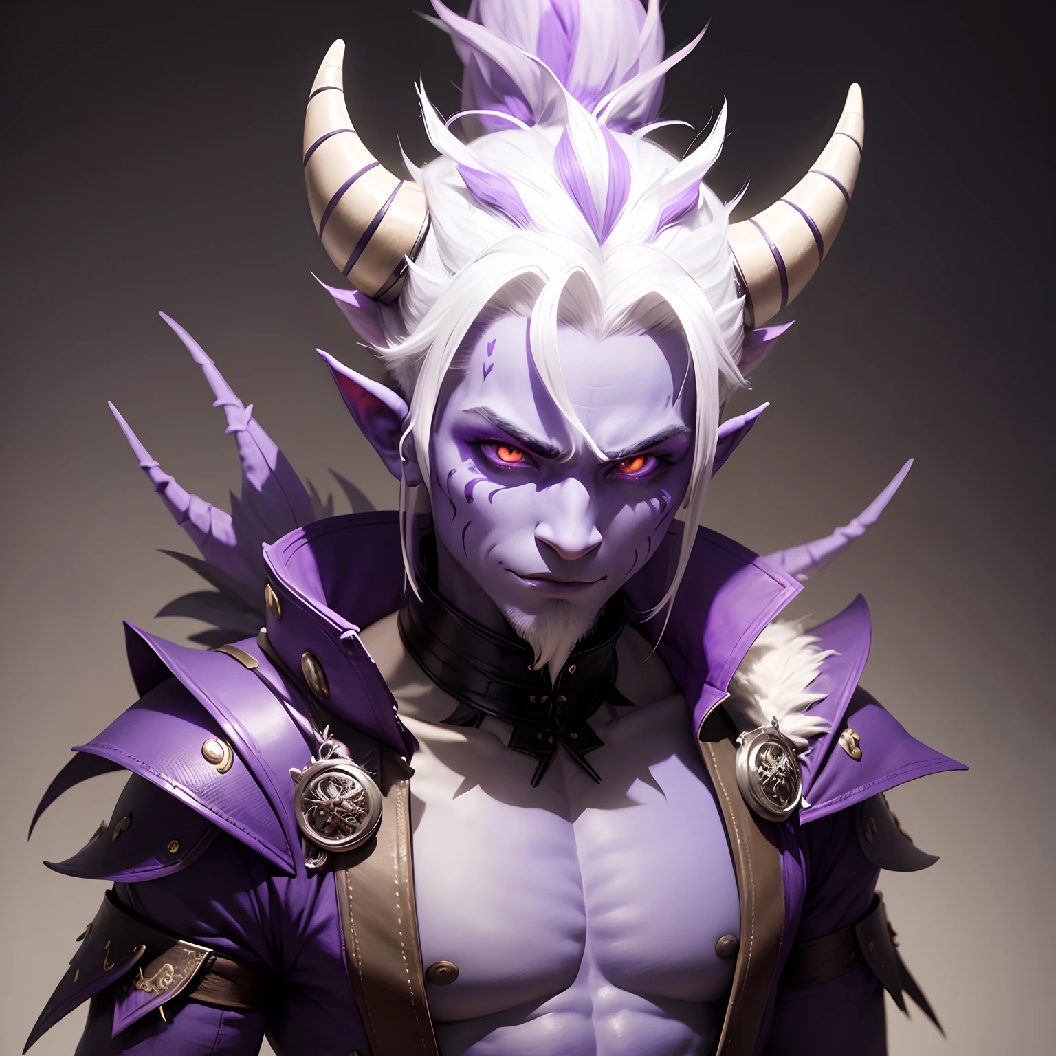 Anthropomorphic dragon with purple skin, white horns and Mohican hair