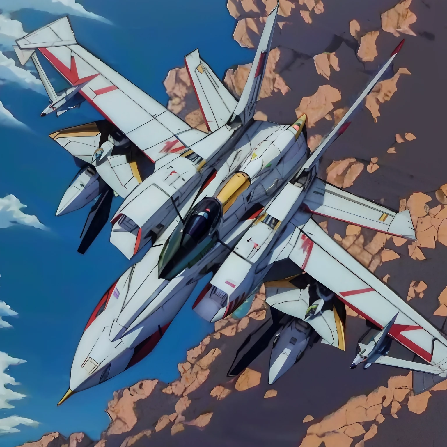 There's a jet that's flying through the air, Macross, Estilo de Macross, VF-1S JetFire, Franquia Macross, Estilo Robotech, f - 9 1 / 1 2 5, Directed by: Chris Moore, Jetfire, Yamato, Jetfire!!!!!, Samurai Jetstream Sam, Estilo ova anime dos anos 80, anime raposa branca