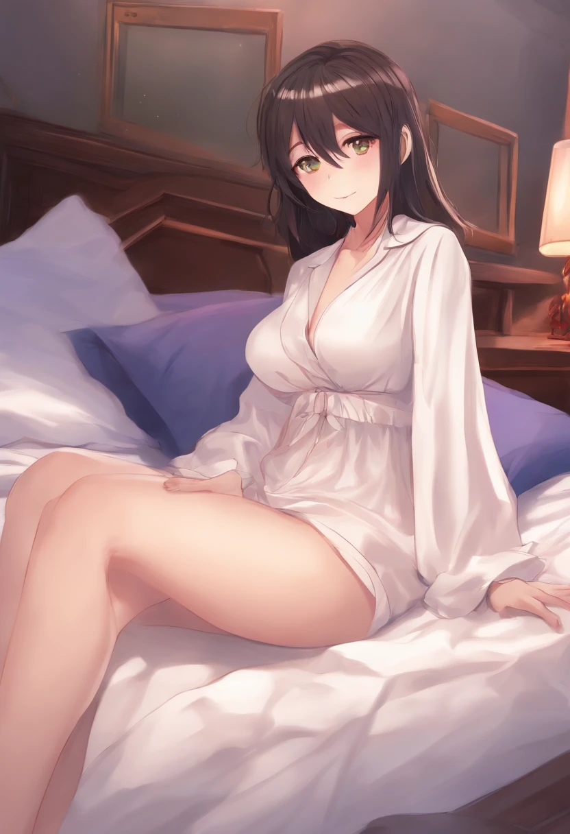 Anime girl stroking her crotch in a bed.