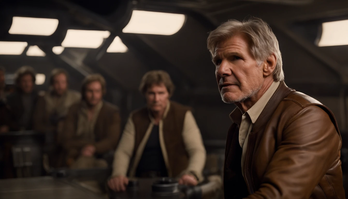 Hyperealistisches Foto von Harrison Ford im Han Solo Outfit, sitzt an ein typischen Star Wars Film-Set, im Hintergrund sieht man den Millenium Falcon der als Filmkulisse zu erkennen ist, best quality, High_resolution, deutlich_Bild, Detaillierter Hintergrund ,Kizi, Blume,Garten,Mond,
