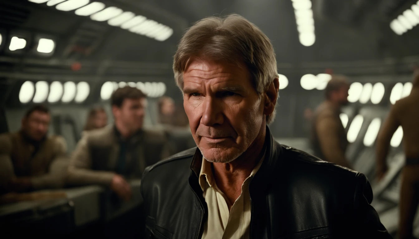 Hyperealistisches Foto von Harrison Ford im Han Solo Outfit, sitzt an ein typischen Star Wars Film-Set, im Hintergrund sieht man den Millenium Falcon der als Filmkulisse zu erkennen ist, best quality, High_resolution, deutlich_Bild, Detaillierter Hintergrund ,Kizi, Blume,Garten,Mond,