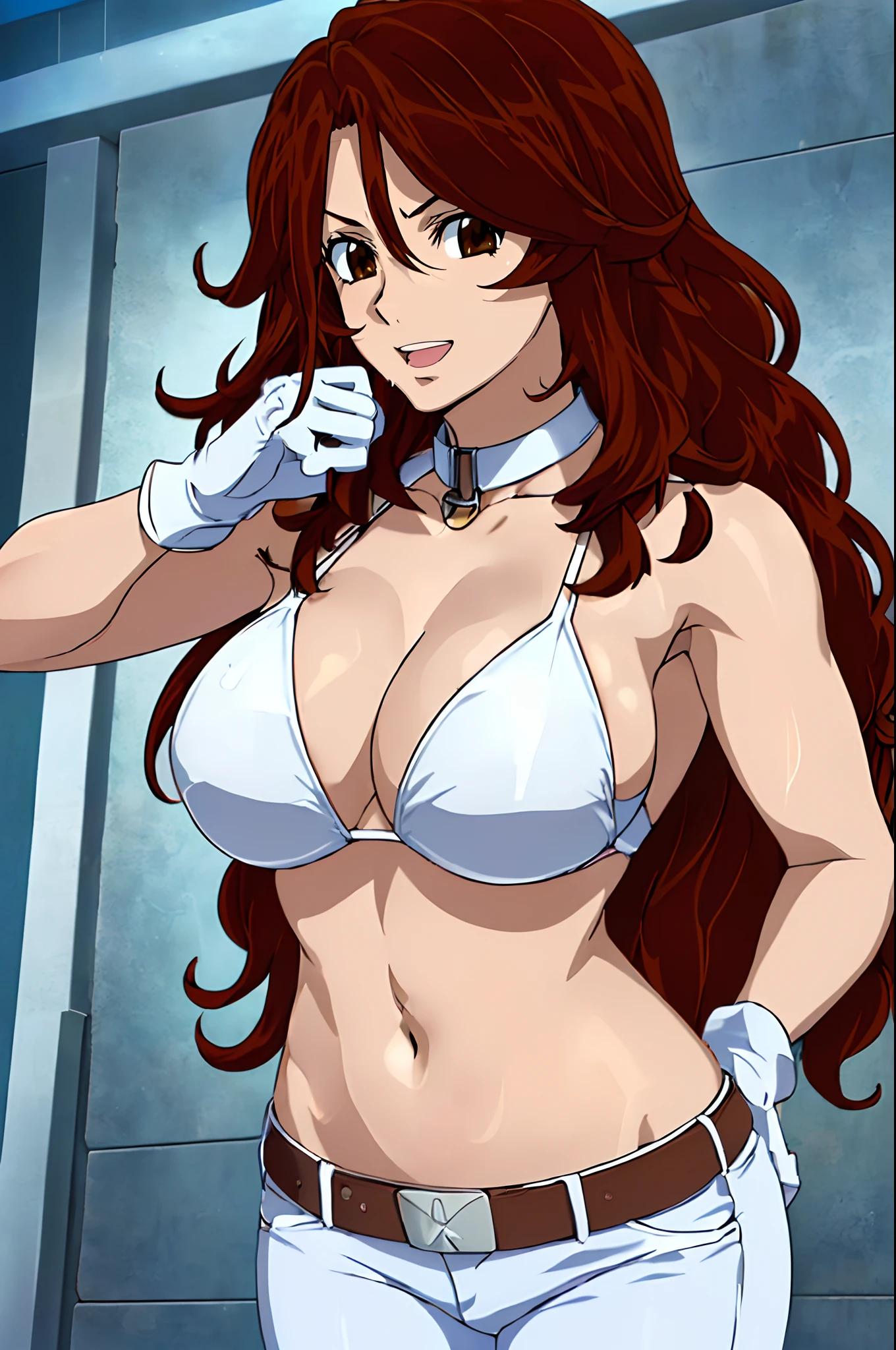 curvy midsection, solo, 1 girl, ultra toned arms, sweating very nuch, tired, smile, breathing heavily), (detailed titration screen, upper body only, anime style: 1.8, anime drawing, ultra detailed face, ultra detailed body, 4k, Sumergai Lee Noriega, (standing), best quality, anime style, hires, highest definition, digital blending, bold drawing lines, ((wwe diva), (location: wrestling arena, crowds watching), ( slim body, (little biceps), , off-shoulders, closed fists, (very curvy: 2.8)), ((white bikini only, jeans, white gloves, collar, hand protector, (champion belt on bare belly))), (pale skin, big breasts, widely open mouth, teeth), (big eyes, brown eyes), (leaning forward), (brown hair, loose hair, curly hair, wavy hair, long hair, missy hair), 27 years old,