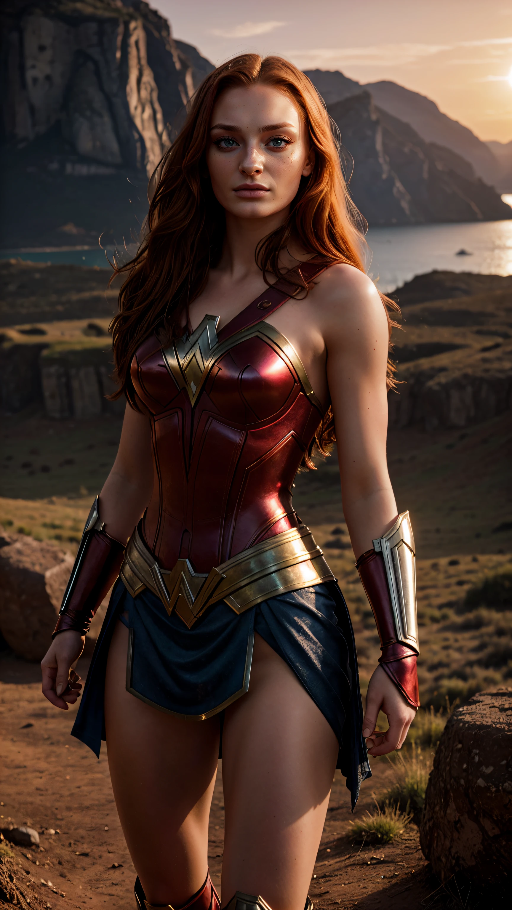 sophie turner is wonder-woman, stunning scenery, surreal lighting, extremely extravagant lighting, beautiful scenery, afternoon, natural, sunset, sun shining hidden