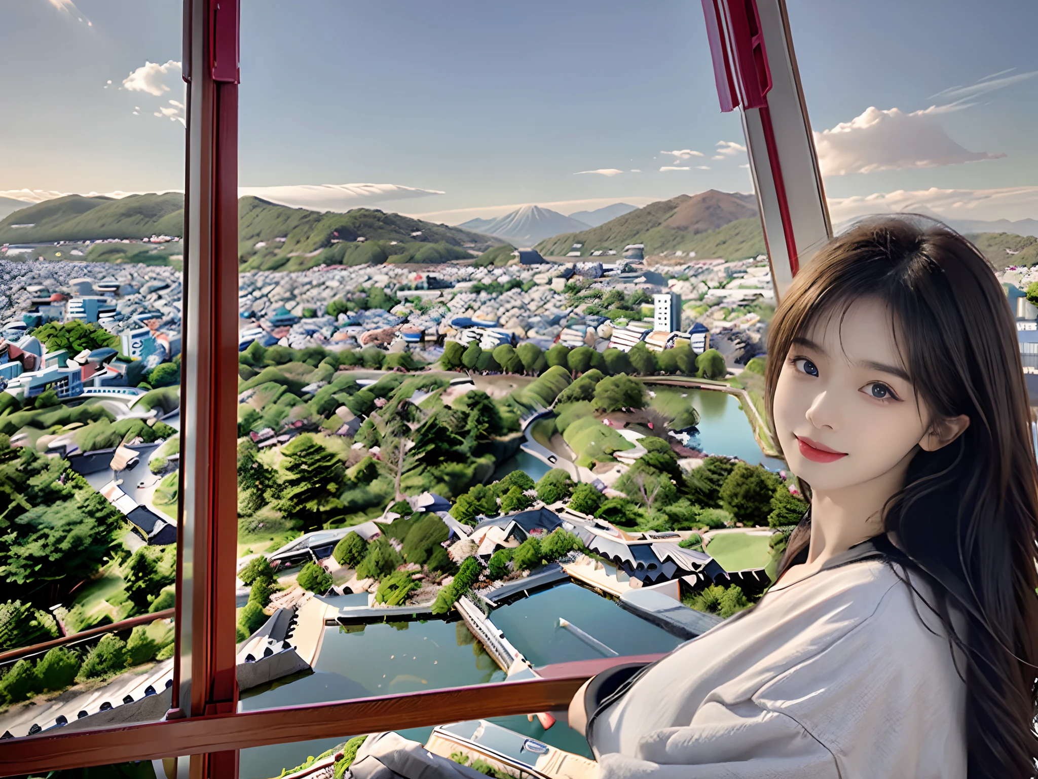 ((top-quality、8K、masterpiece:1.3))、foco nítido:1.2、(realisitic、Photorealsitic:1.37)、a smile、Beautiful Face Woman、28 year old、long eyeslashes、Colorcon、Very detailed eyes、Highly detailed eyebrows、(Sharp Eyebrows)、(Thin eyebrows)、very vey very detailed face、Rib knit coat、a black T-shirt、Brunette disheveled hair
