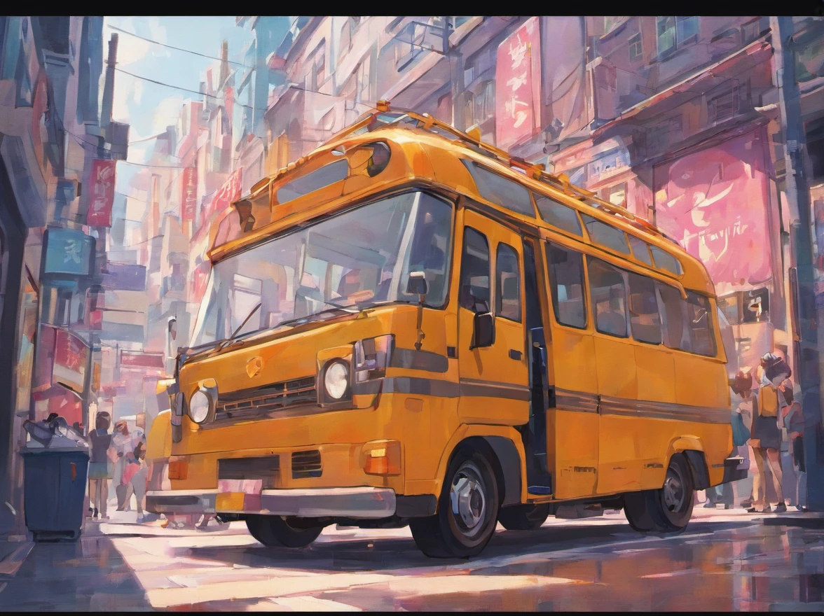 Minibus parked on the street, sem pessoas dentro, Side view