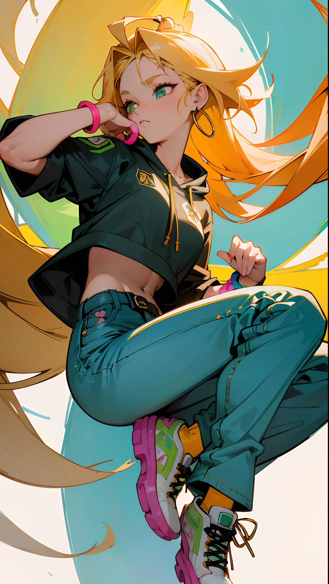 (masterpiece, best quality:1.3),beautiful detailed glow,best illuminate,(((best quality,textile shading,ultra detailed))),extremely detailed CG unity 8k wallpaper,Highly Detailed beautiful and aesthetic,best light,high resolution,detailed,dynamic lighting , 1Character , pastel washed out colors , cell shade , soft, muted shades ,gentle colors
She wears a loose-fitting, neon orange graphic hoodie with bold, graffiti-style designs and vibrant patterns, The hoodie features a kangaroo pocket and a drawstring hood, baggy, high-waisted jeans with intricate embroidery, bold graffiti lettering, and colorful patches , The jeans are cinched at the waist with a thick, patterned belt, classic high-top sneakers in an eye-catching shade of neon green, with thick soles , chunky gold chain necklaces, oversized hoop earrings, and multiple bracelets in vibrant hues,
Beautiful woman , extremely long hair , blonde hair , green eyes , 32,