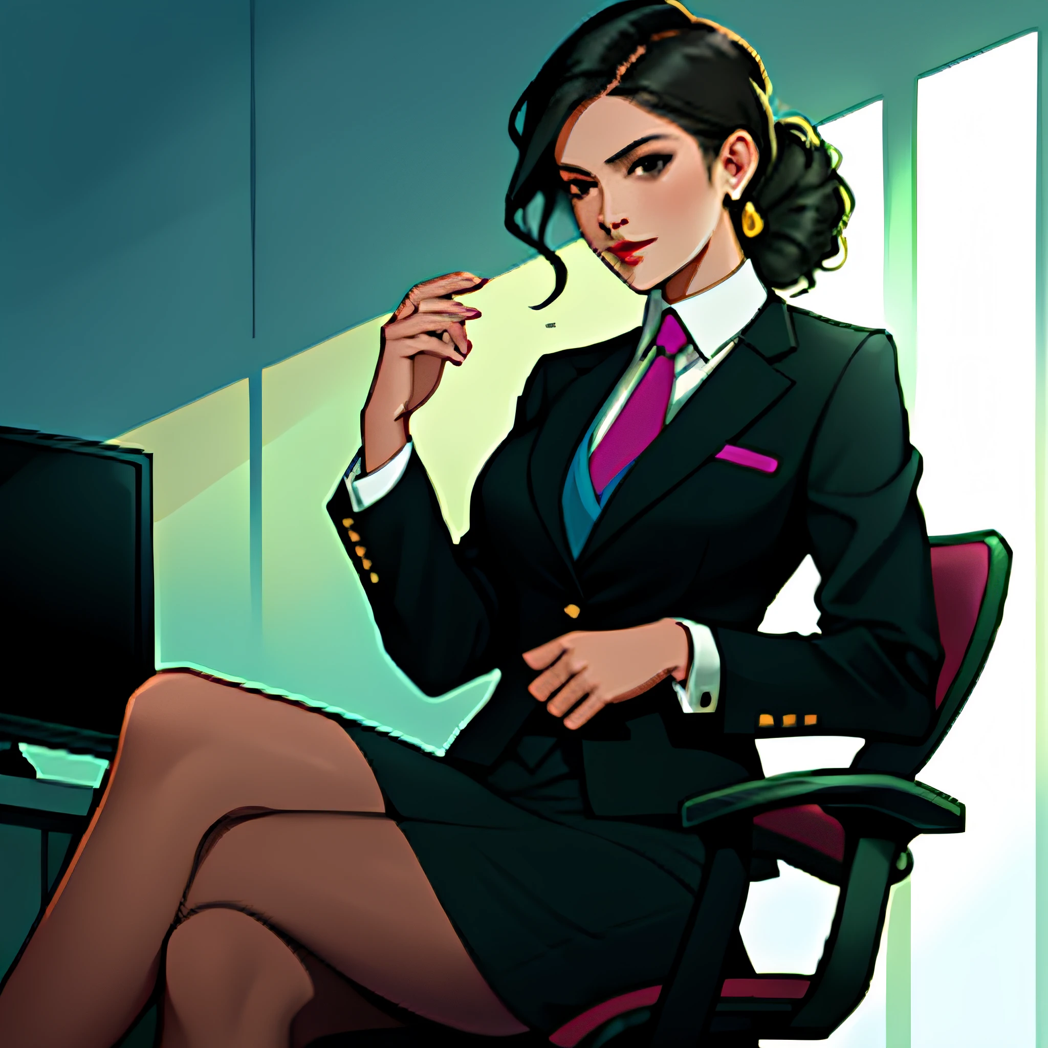1 girl, beautiful, skirt suit, suit and tie, ((three-piece suit)), necktie, waistcoat, blazer, bodycon skirt, boss lady, powerful, Sit in the office boss chair, powerful, A half body,