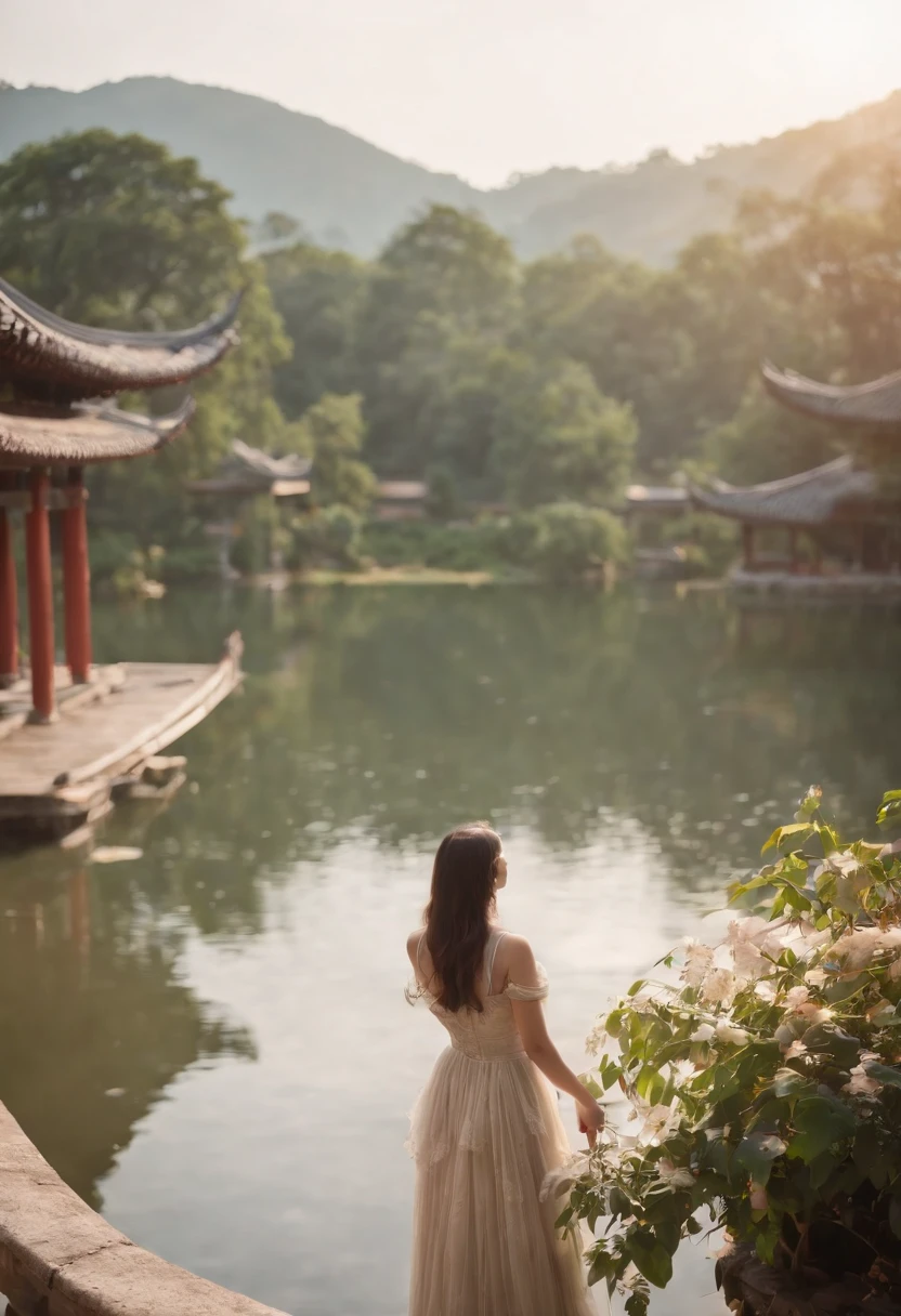 SFW, 1girl, foco solo, Pov, tiro muito largo, Landscape, East Asian architecture, sunlight, nascer do sol, floating, Cloud, heaven, chuva, water, corpo inteiro, ao ar livre, scenecy, profundidade de campo