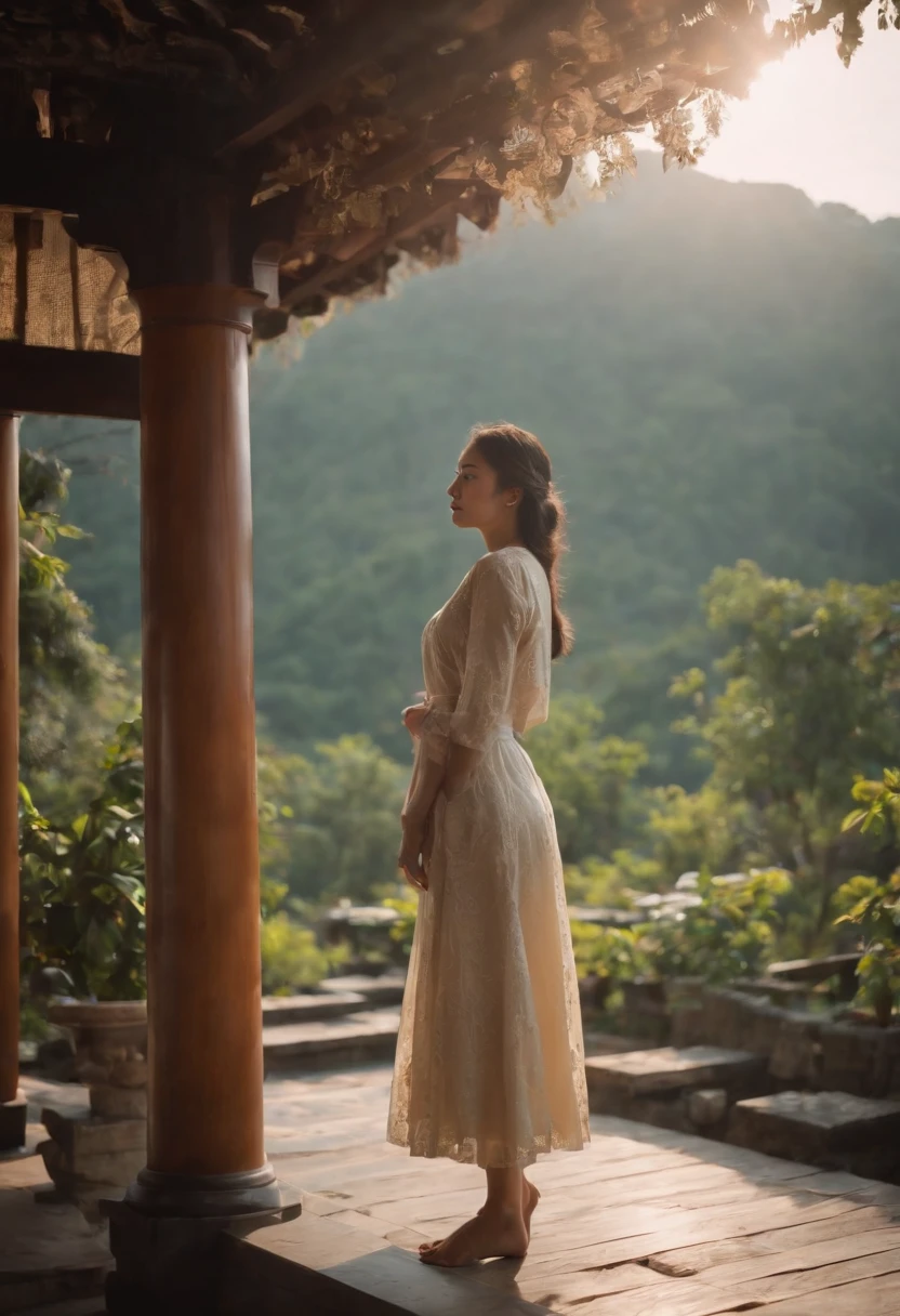 SFW, 1girl, foco solo, Pov, tiro muito largo, Landscape, East Asian architecture, sunlight, nascer do sol, floating, Cloud, heaven, chuva, water, corpo inteiro, ao ar livre, scenecy, profundidade de campo
