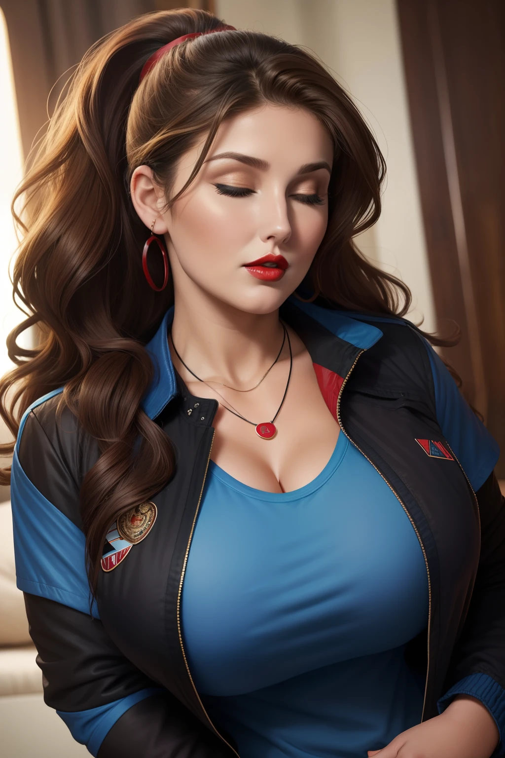 Lucy Pinder, Face portrait, face, neckline, ((red lipstick)), mouth wide open, wavy hair, brown hair, ponytail, ((blue t-shirt)), ((black jacket)), necklace, very chubby woman, eyes closed.