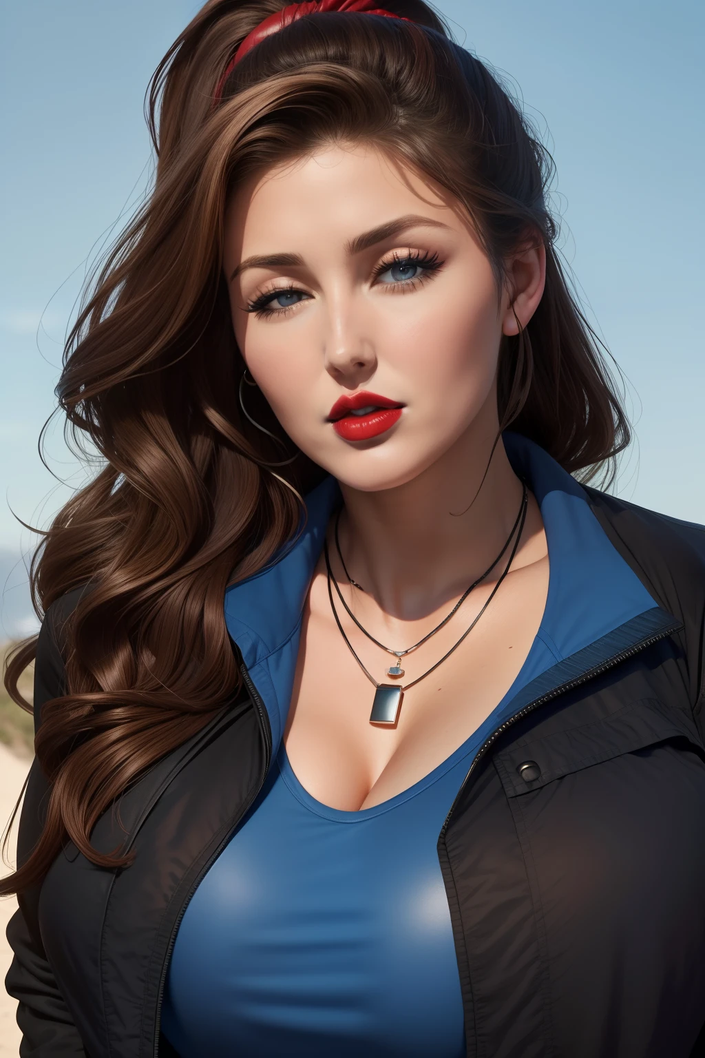 Lucy Pinder, Face portrait, face, neckline, ((red lipstick)), mouth wide open, wavy hair, brown hair, ponytail, ((blue t-shirt)), ((black jacket)), necklace, very chubby woman, eyes closed.